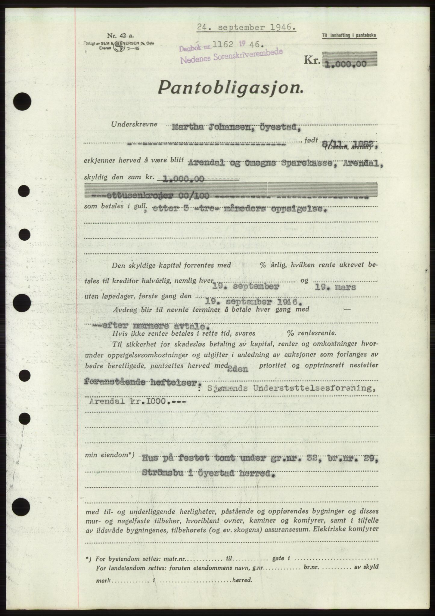 Nedenes sorenskriveri, SAK/1221-0006/G/Gb/Gbb/L0003: Mortgage book no. B3b, 1946-1946, Diary no: : 1162/1946