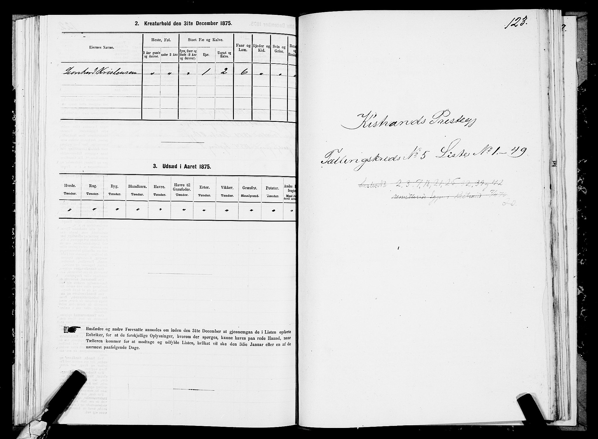 SATØ, 1875 census for 2020P Kistrand, 1875, p. 2123