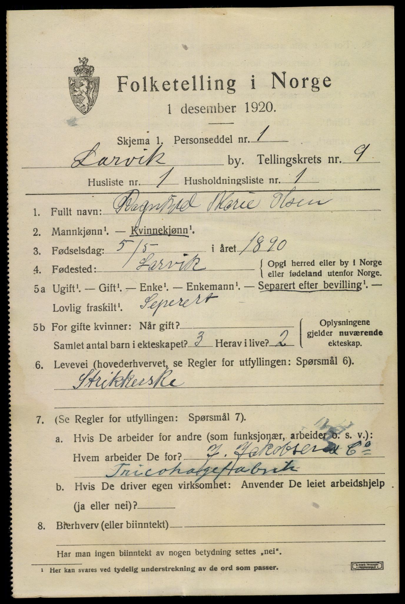 SAKO, 1920 census for Larvik, 1920, p. 24512