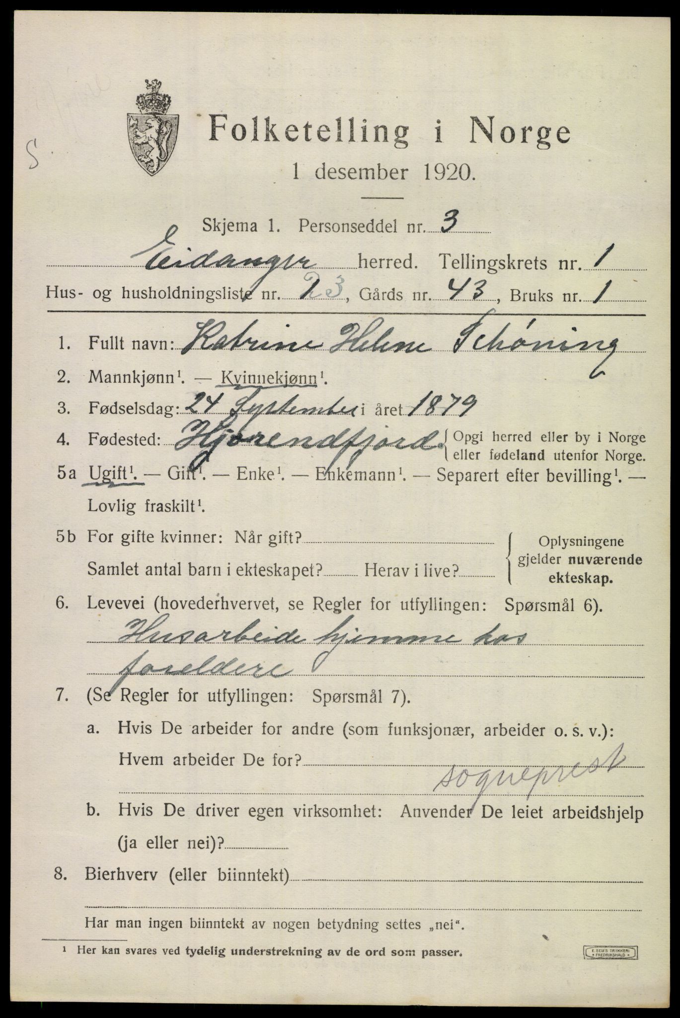 SAKO, 1920 census for Eidanger, 1920, p. 1890