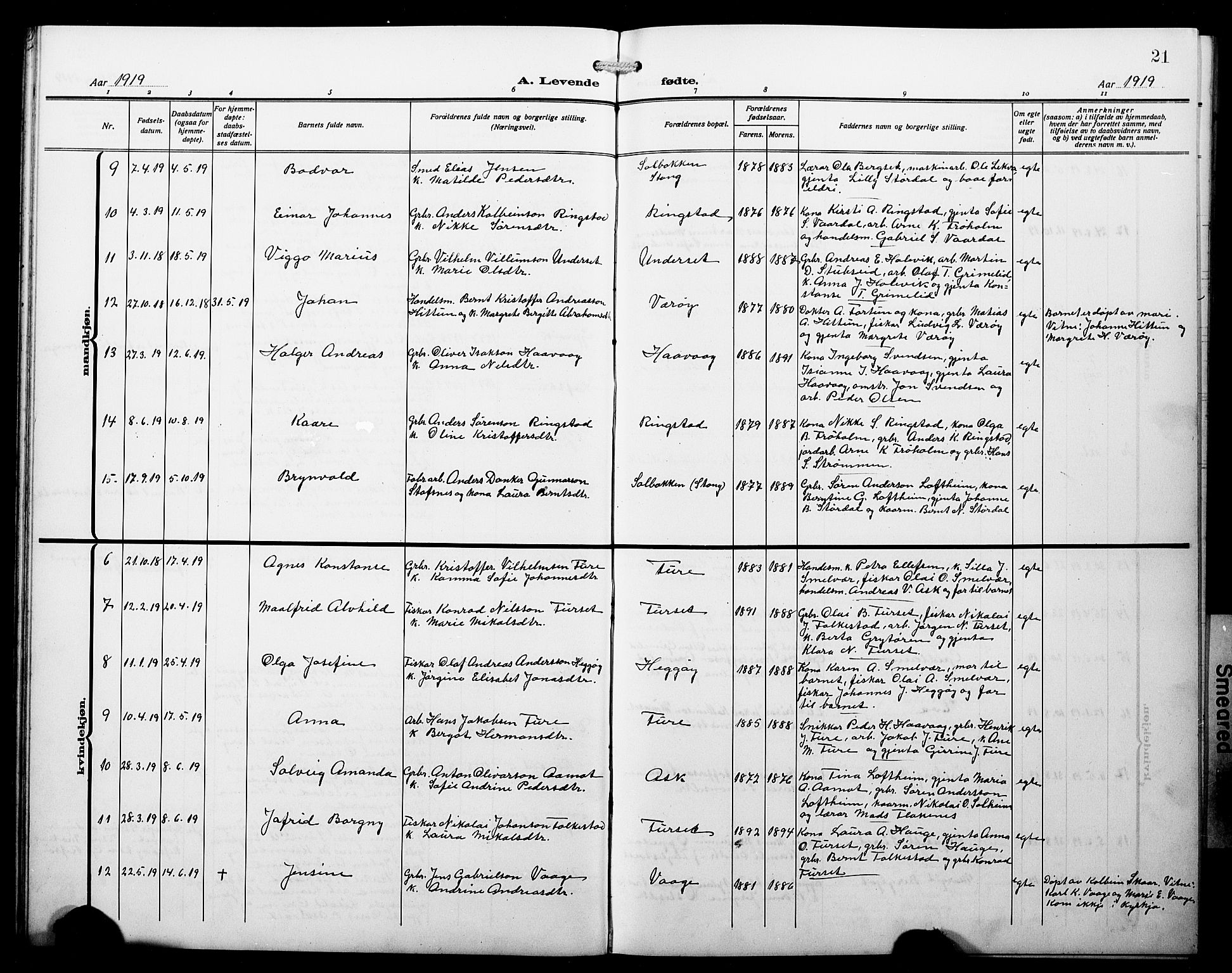 Askvoll sokneprestembete, AV/SAB-A-79501/H/Hab/Haba/L0004: Parish register (copy) no. A 4, 1913-1929, p. 21