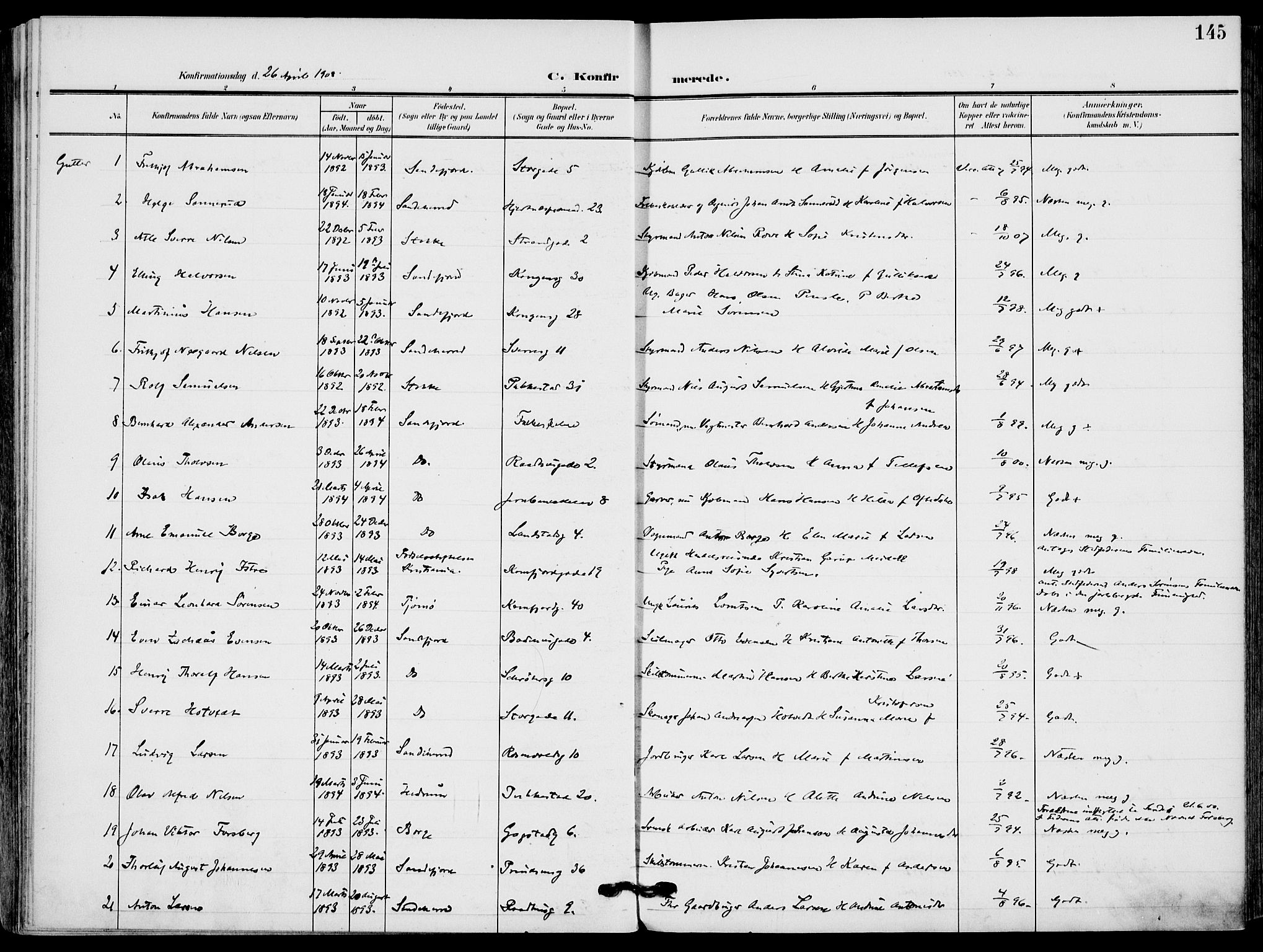 Sandefjord kirkebøker, SAKO/A-315/F/Fa/L0005: Parish register (official) no. 5, 1906-1915, p. 145