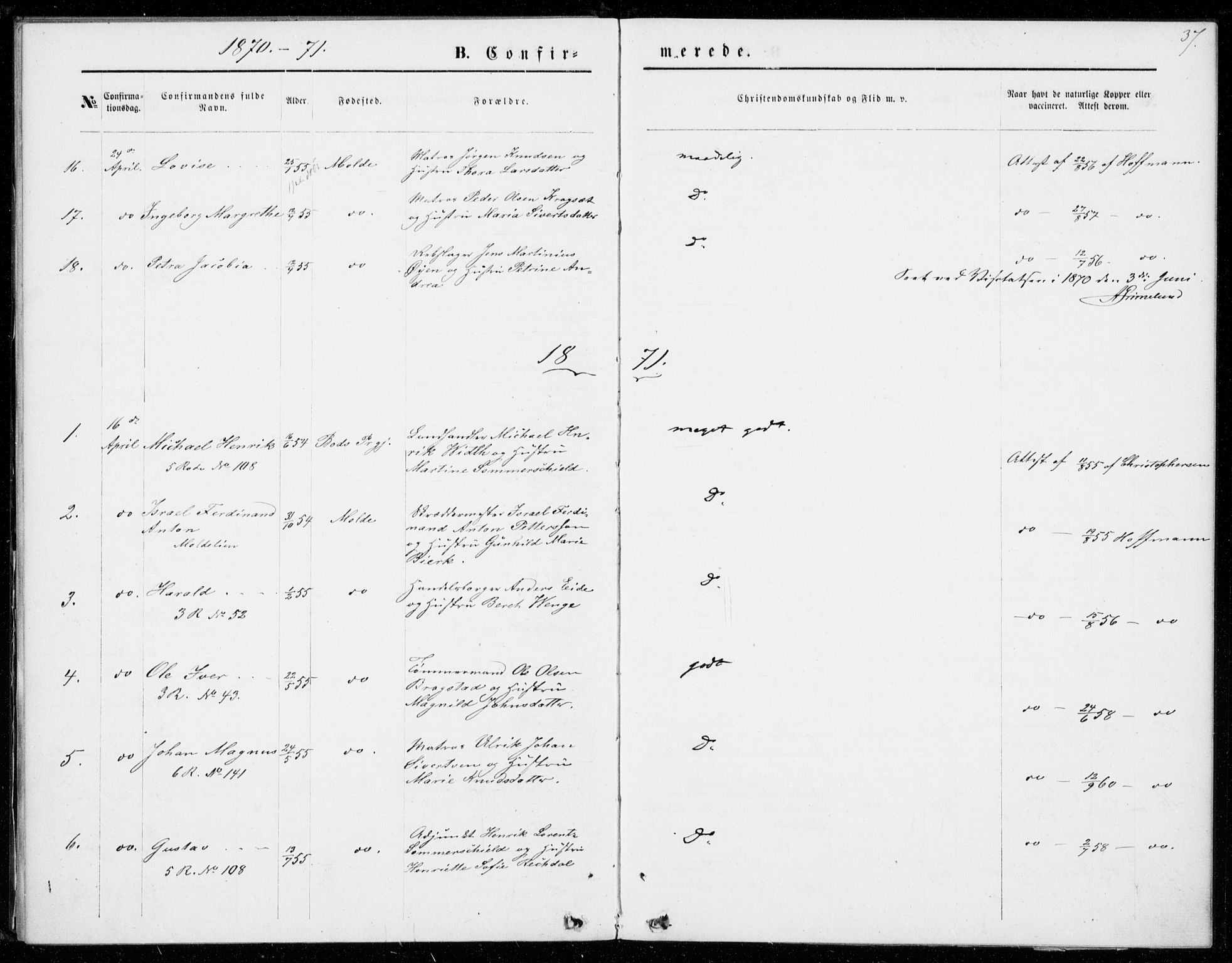 Ministerialprotokoller, klokkerbøker og fødselsregistre - Møre og Romsdal, SAT/A-1454/558/L0690: Parish register (official) no. 558A04, 1864-1872, p. 37