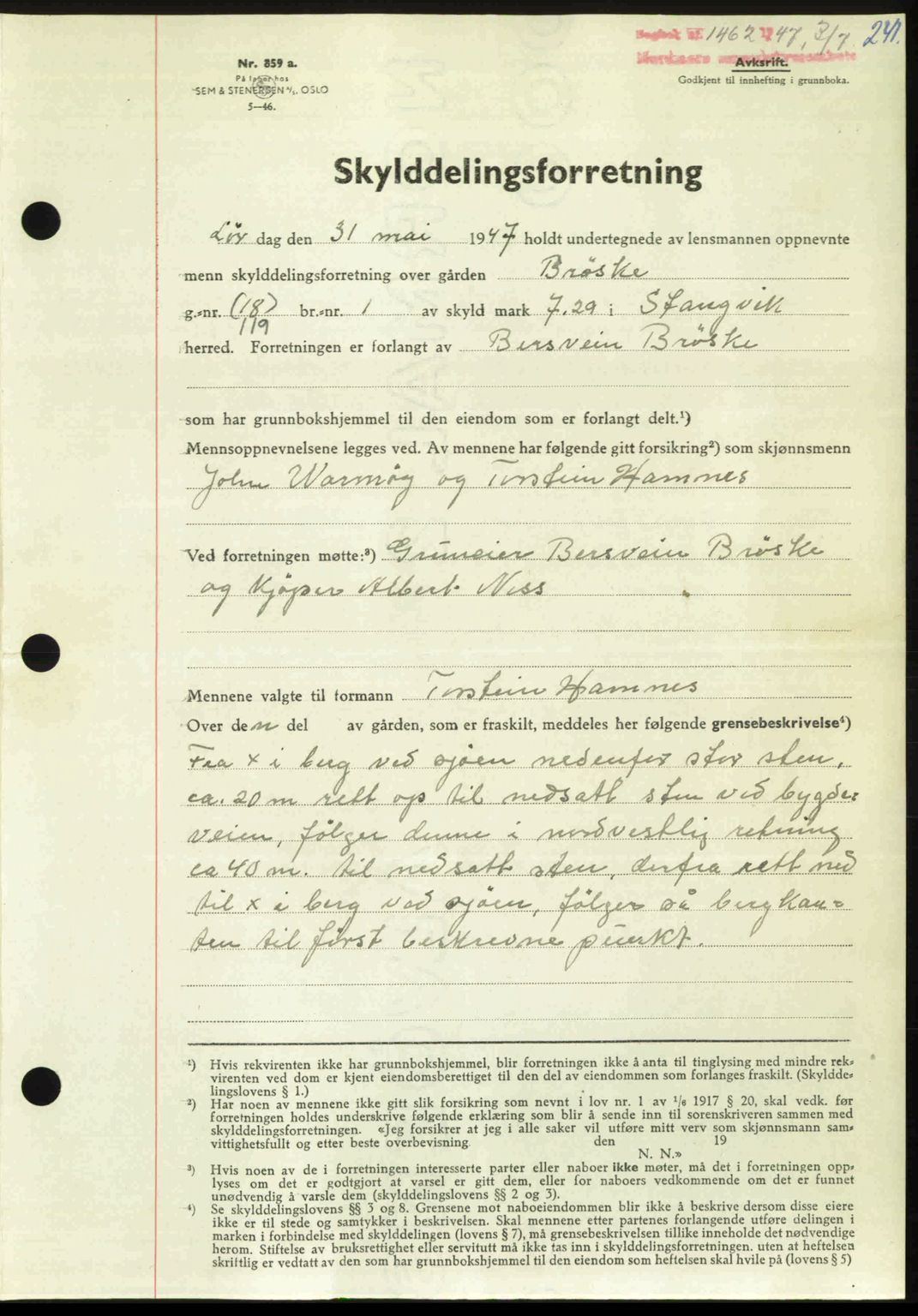 Nordmøre sorenskriveri, AV/SAT-A-4132/1/2/2Ca: Mortgage book no. A105, 1947-1947, Diary no: : 1462/1947