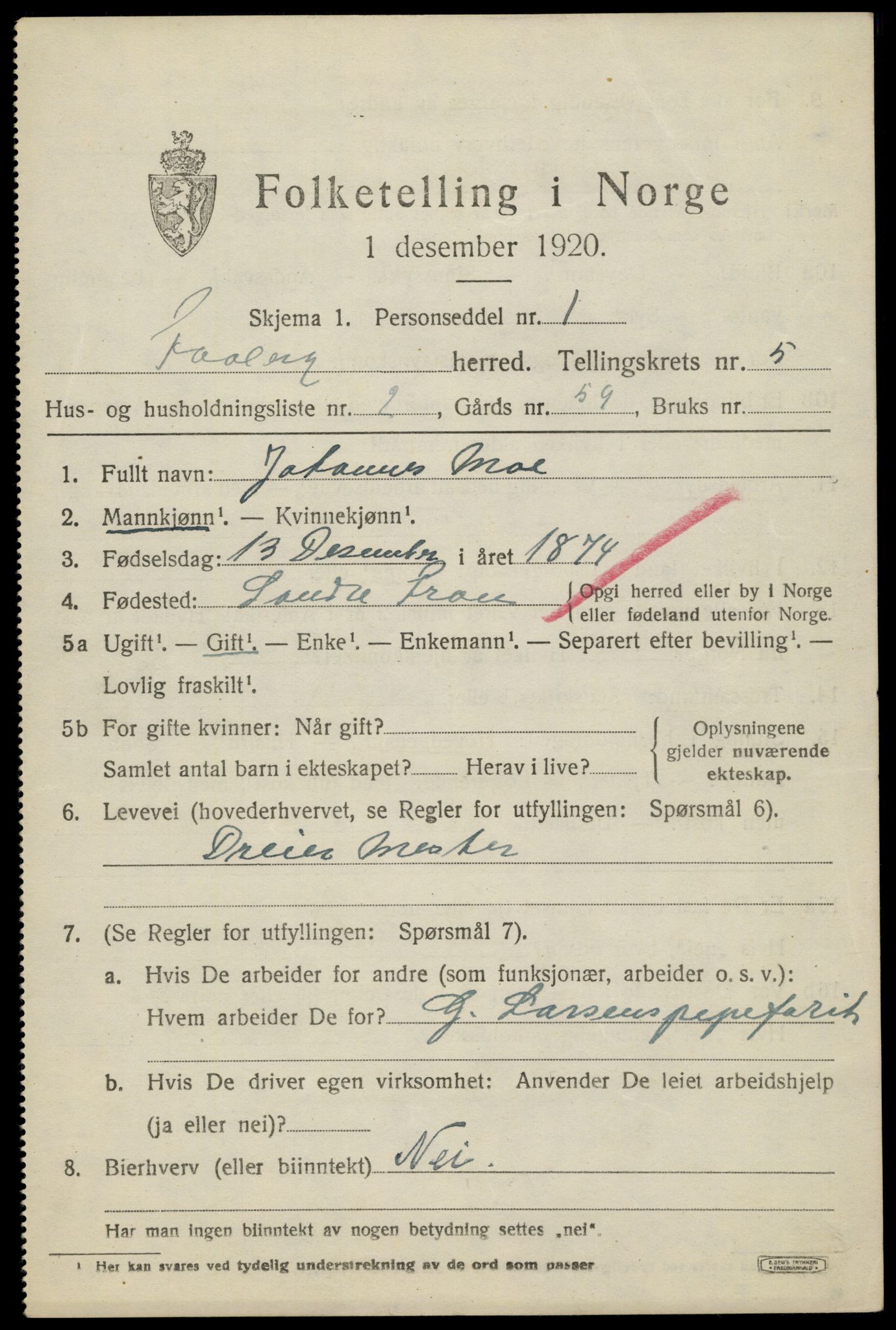 SAH, 1920 census for Fåberg, 1920, p. 5916