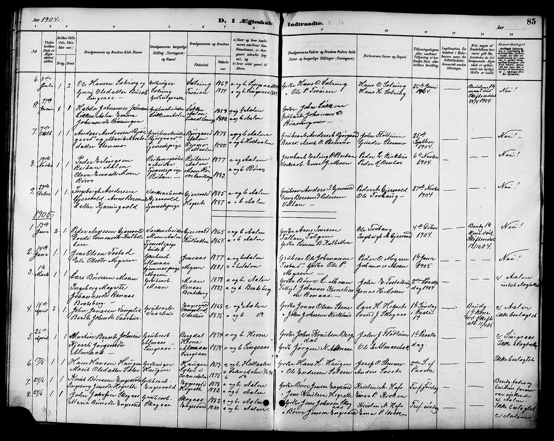 Ministerialprotokoller, klokkerbøker og fødselsregistre - Sør-Trøndelag, SAT/A-1456/685/L0978: Parish register (copy) no. 685C03, 1891-1907, p. 85