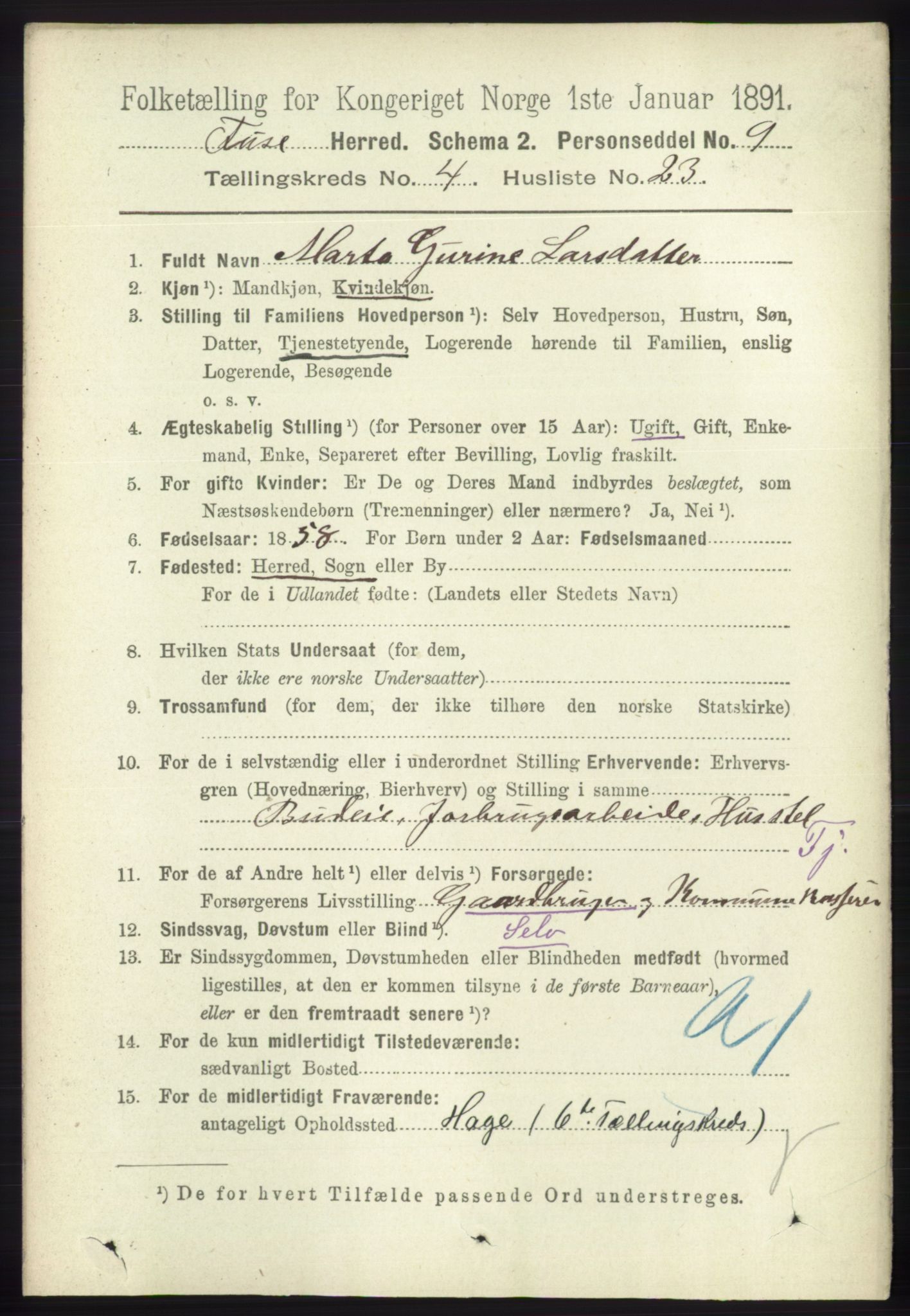 RA, 1891 census for 1241 Fusa, 1891, p. 848