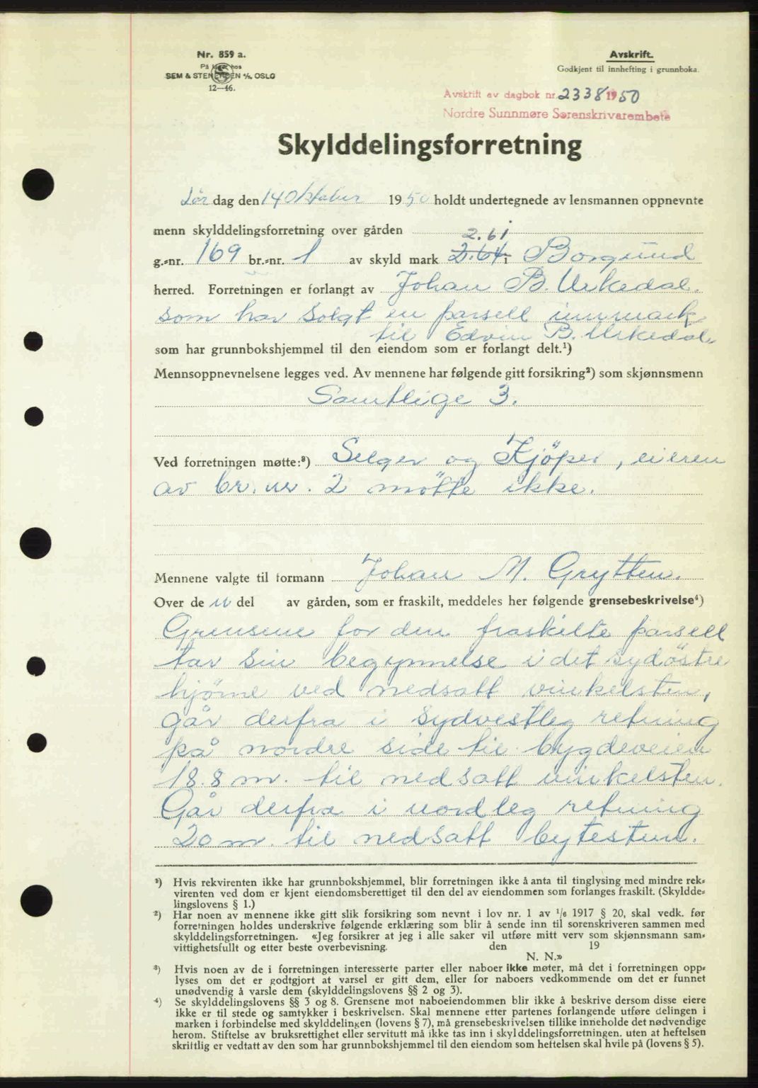 Nordre Sunnmøre sorenskriveri, AV/SAT-A-0006/1/2/2C/2Ca: Mortgage book no. A36, 1950-1950, Diary no: : 2338/1950