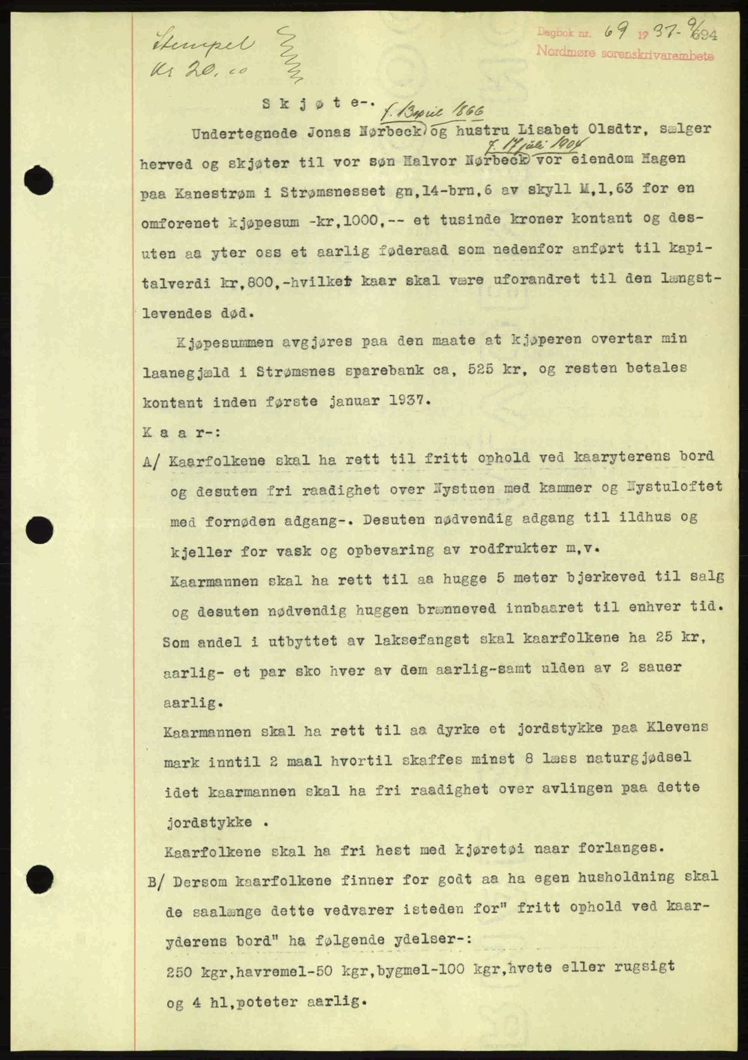 Nordmøre sorenskriveri, AV/SAT-A-4132/1/2/2Ca: Mortgage book no. A80, 1936-1937, Diary no: : 69/1937