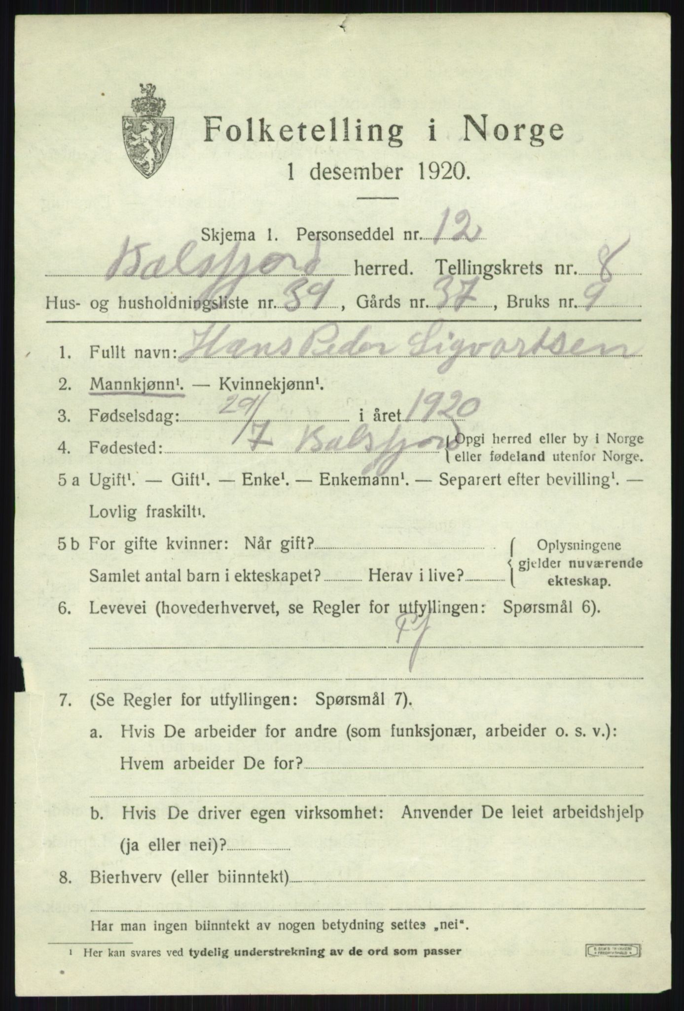 SATØ, 1920 census for Balsfjord, 1920, p. 5035