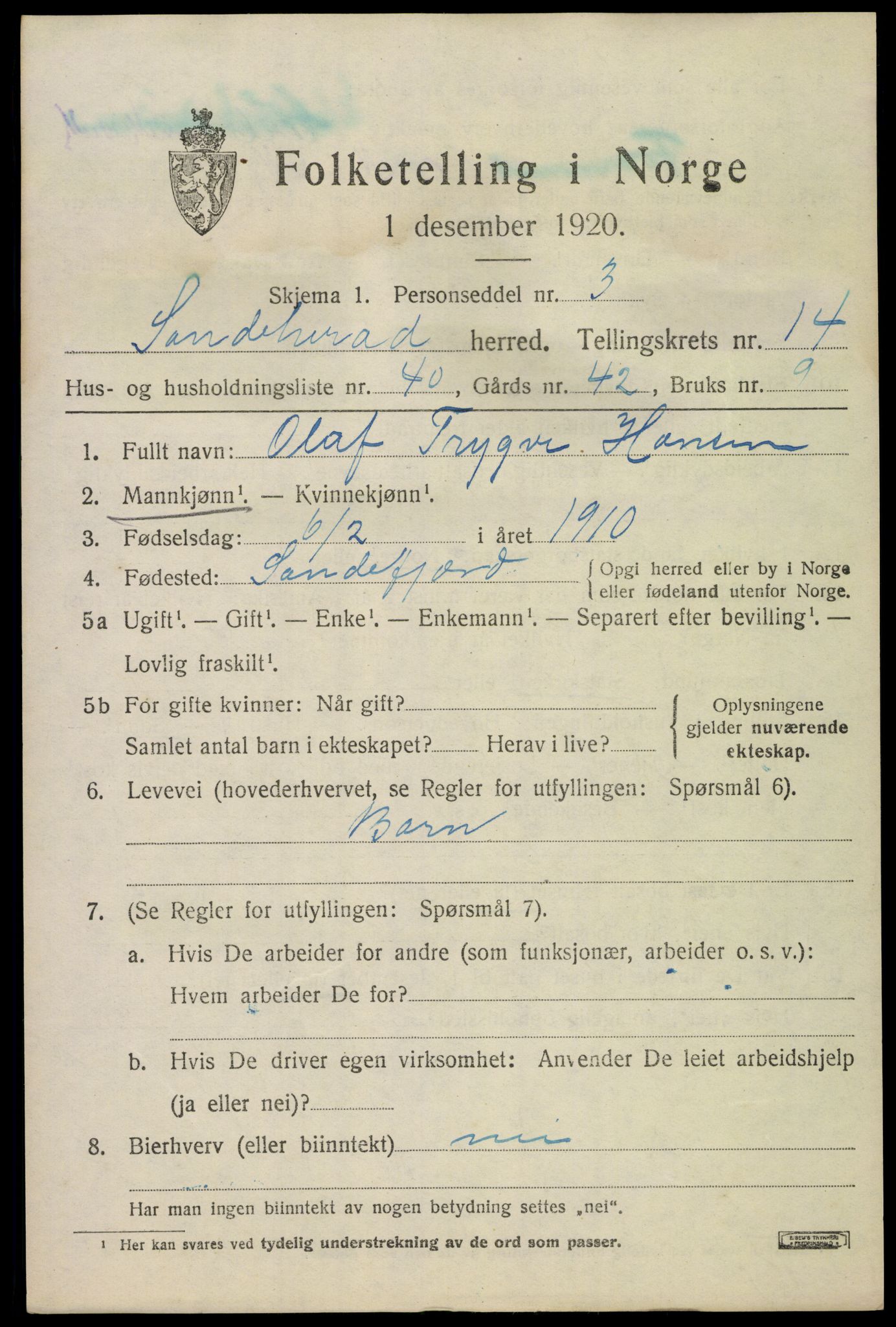 SAKO, 1920 census for Sandeherred, 1920, p. 20726