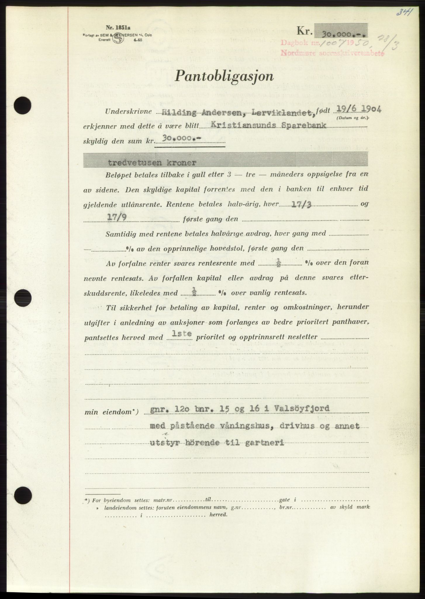 Nordmøre sorenskriveri, AV/SAT-A-4132/1/2/2Ca: Mortgage book no. B104, 1950-1950, Diary no: : 1007/1950