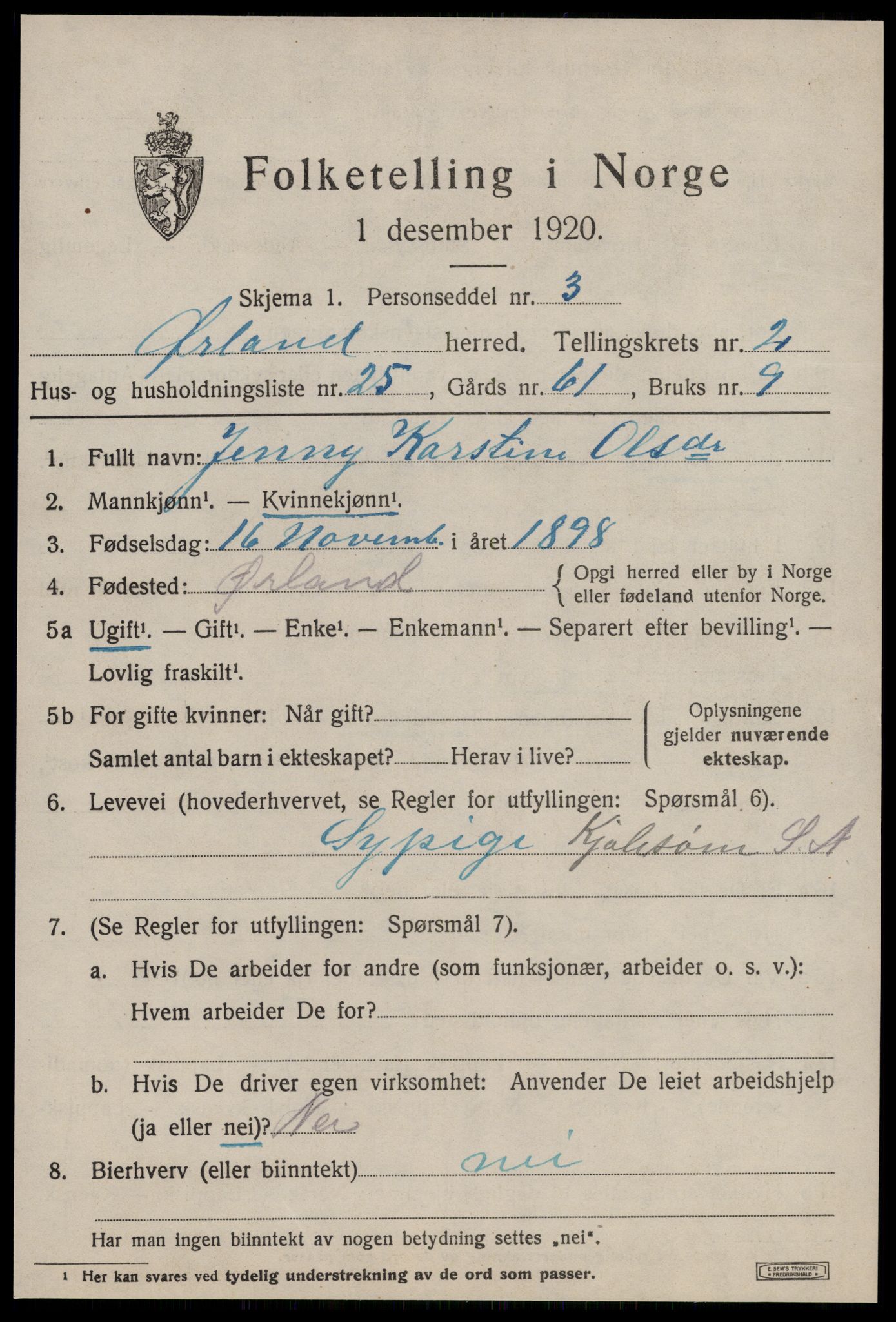 SAT, 1920 census for Ørland, 1920, p. 2467