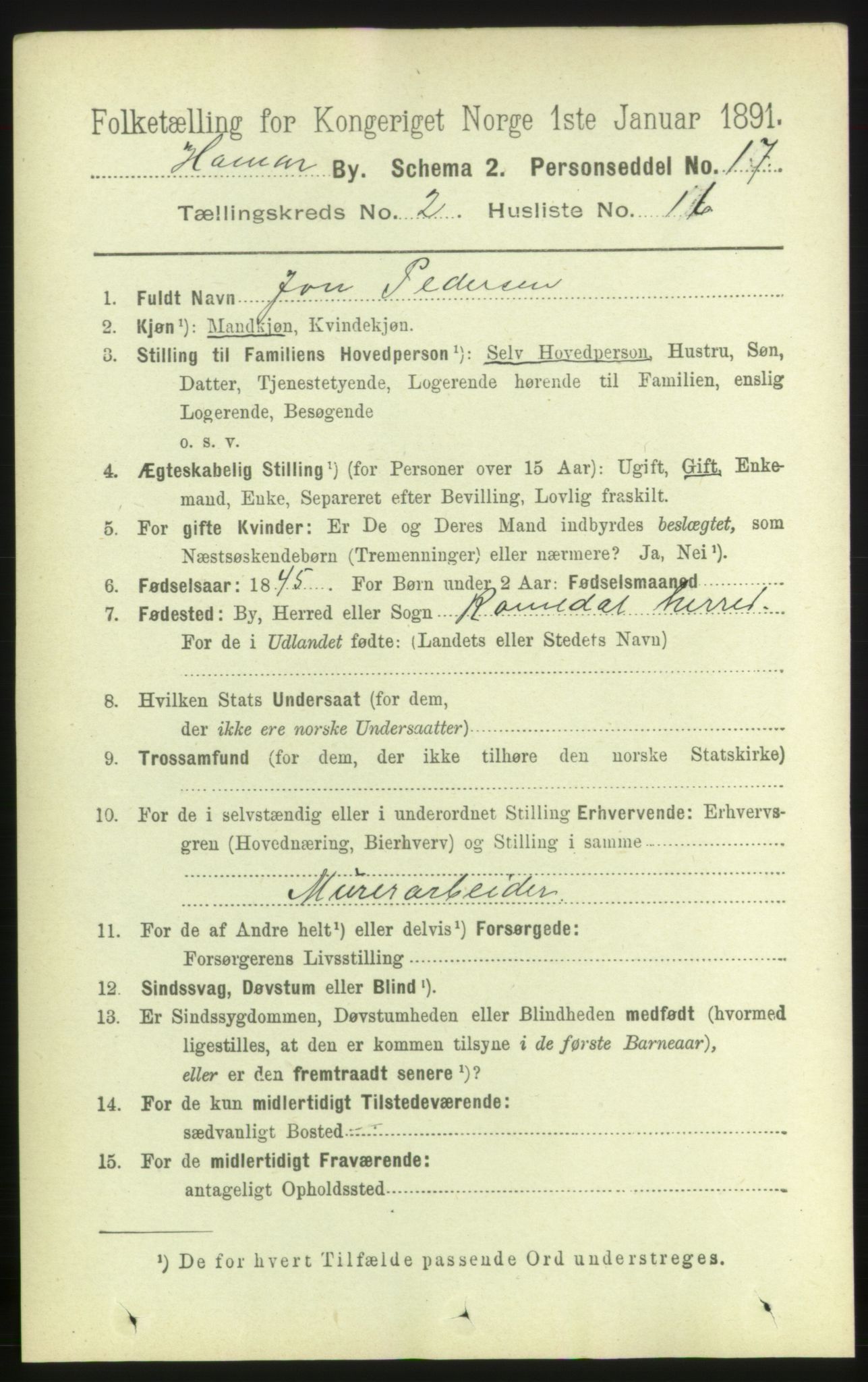 RA, 1891 census for 0401 Hamar, 1891, p. 1214