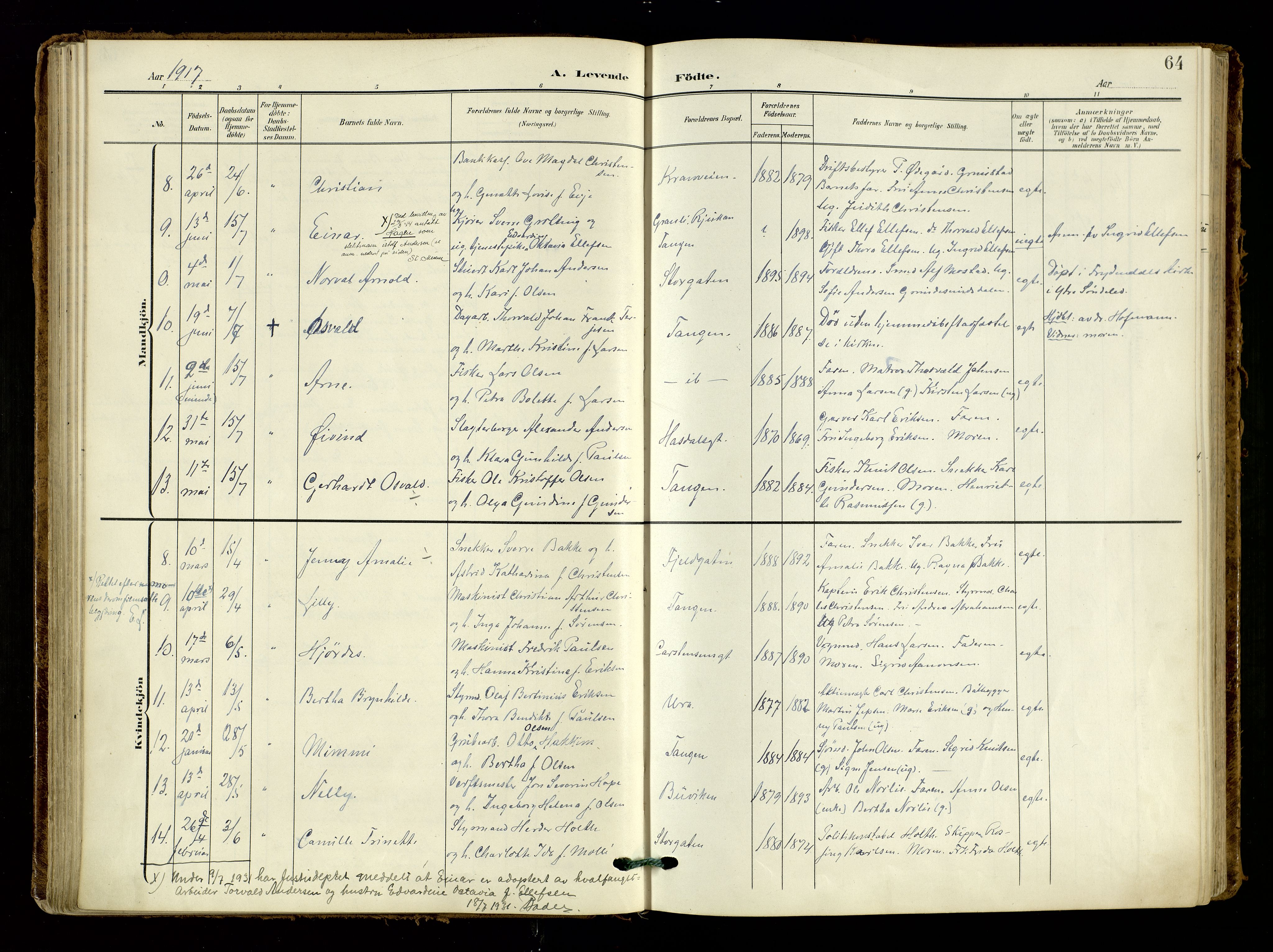 Risør sokneprestkontor, SAK/1111-0035/F/Fa/L0011: Parish register (official) no. A 11, 1907-1920, p. 64