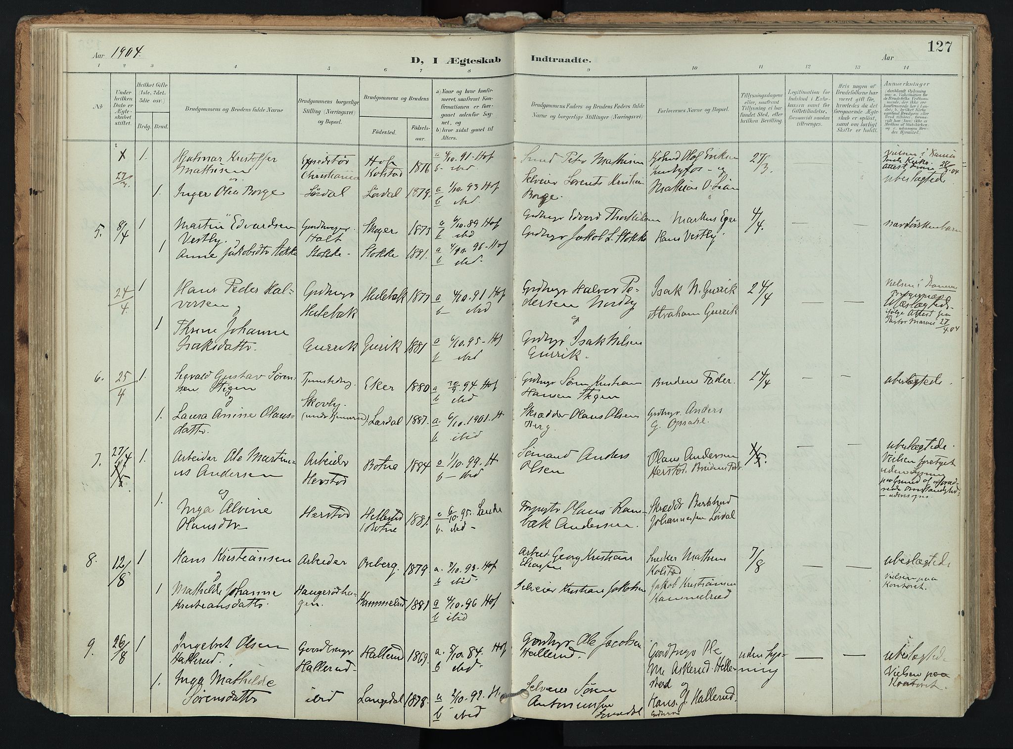 Hof kirkebøker, AV/SAKO-A-64/F/Fa/L0008: Parish register (official) no. I 8, 1902-1921, p. 127