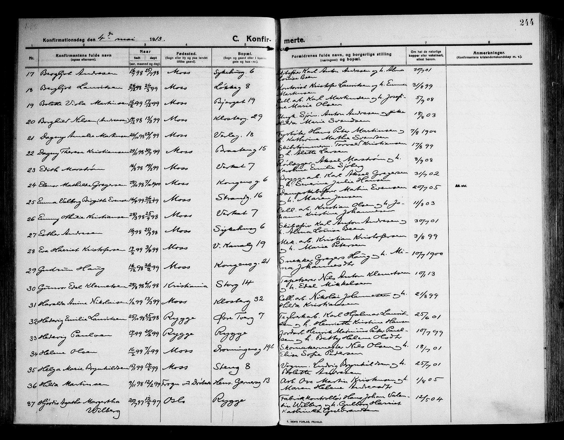 Moss prestekontor Kirkebøker, AV/SAO-A-2003/F/Fb/L0005: Parish register (official) no. II 5, 1913-1923, p. 244