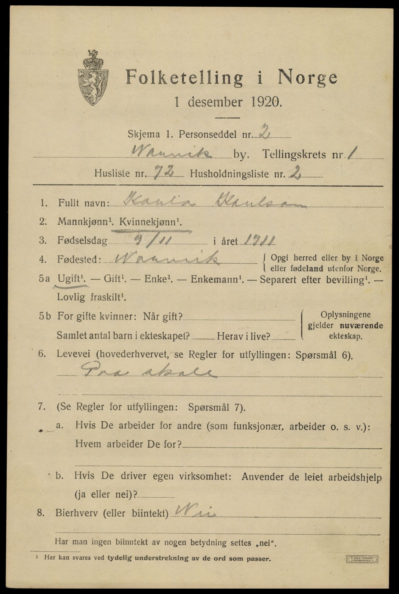 SAT, 1920 census for Narvik, 1920, p. 5194