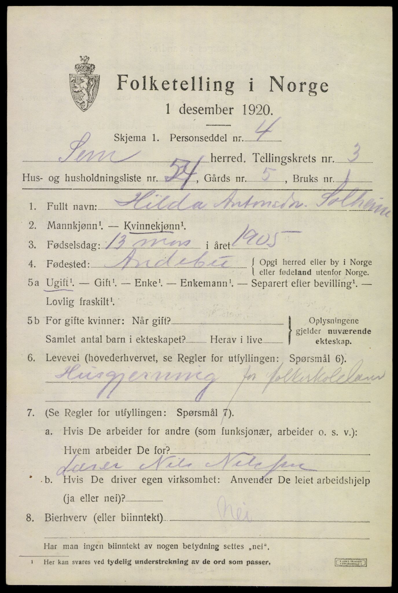 SAKO, 1920 census for Sem, 1920, p. 7069