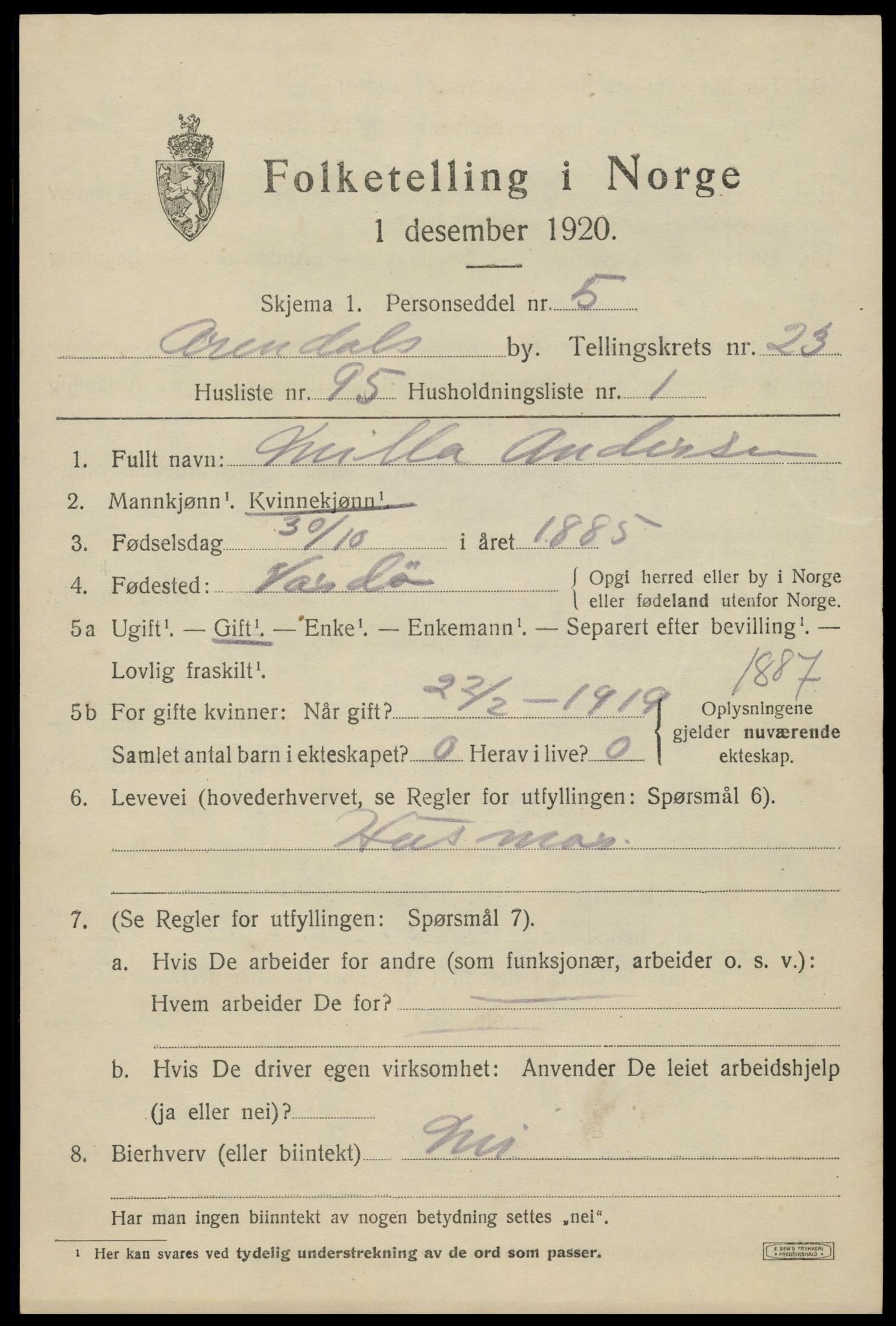 SAK, 1920 census for Arendal, 1920, p. 29782