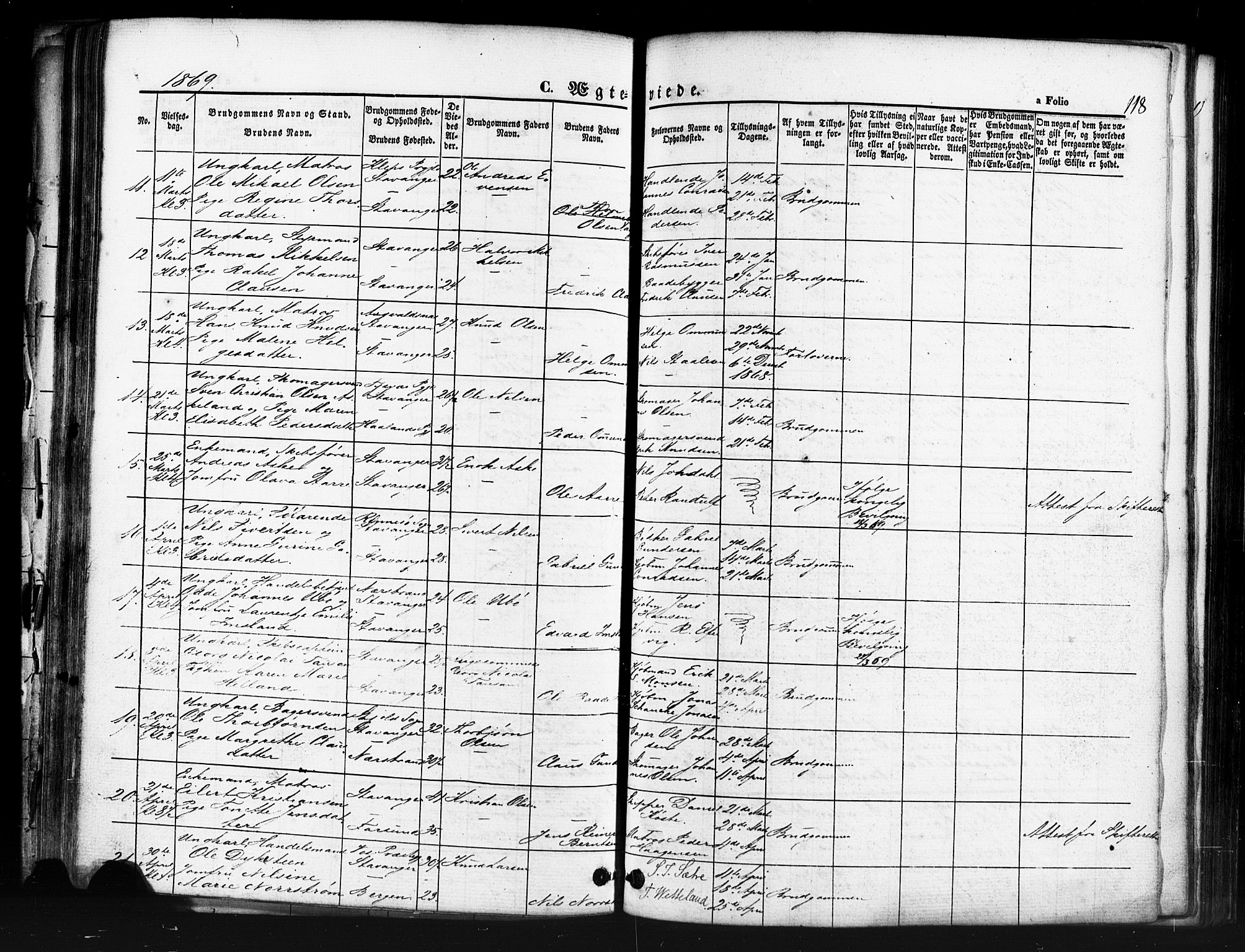 Domkirken sokneprestkontor, AV/SAST-A-101812/001/30/30BB/L0011: Parish register (copy) no. B 11, 1858-1876, p. 118