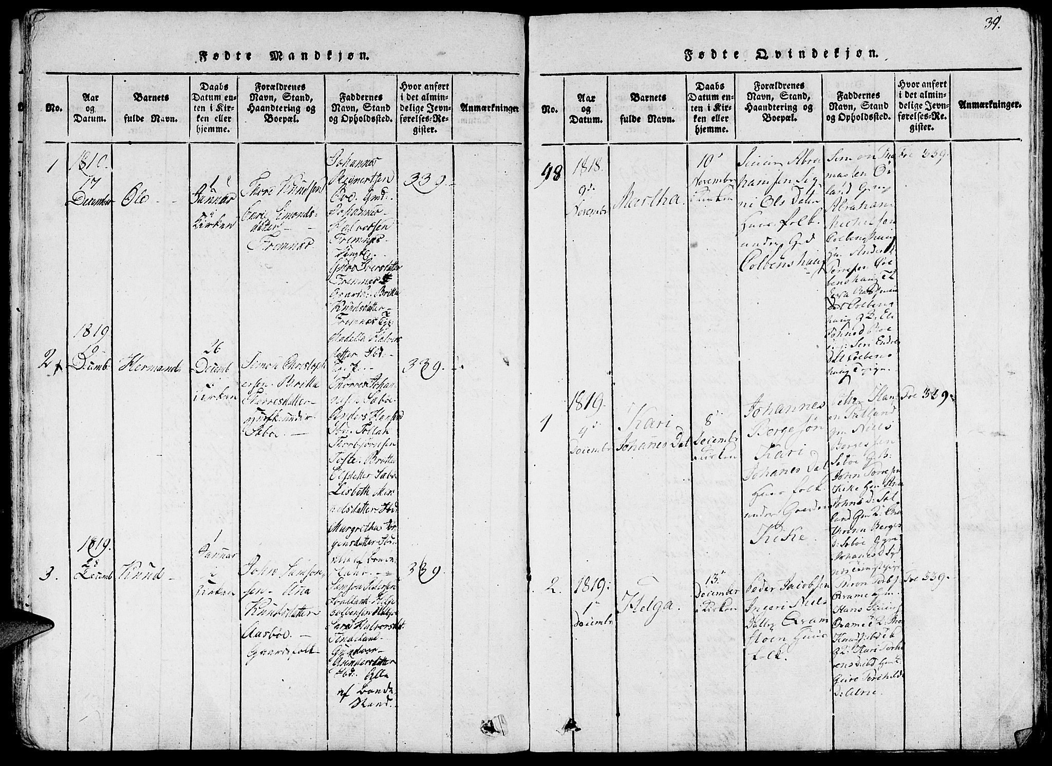 Fjelberg sokneprestembete, SAB/A-75201/H/Haa: Parish register (official) no. A 4, 1816-1822, p. 39