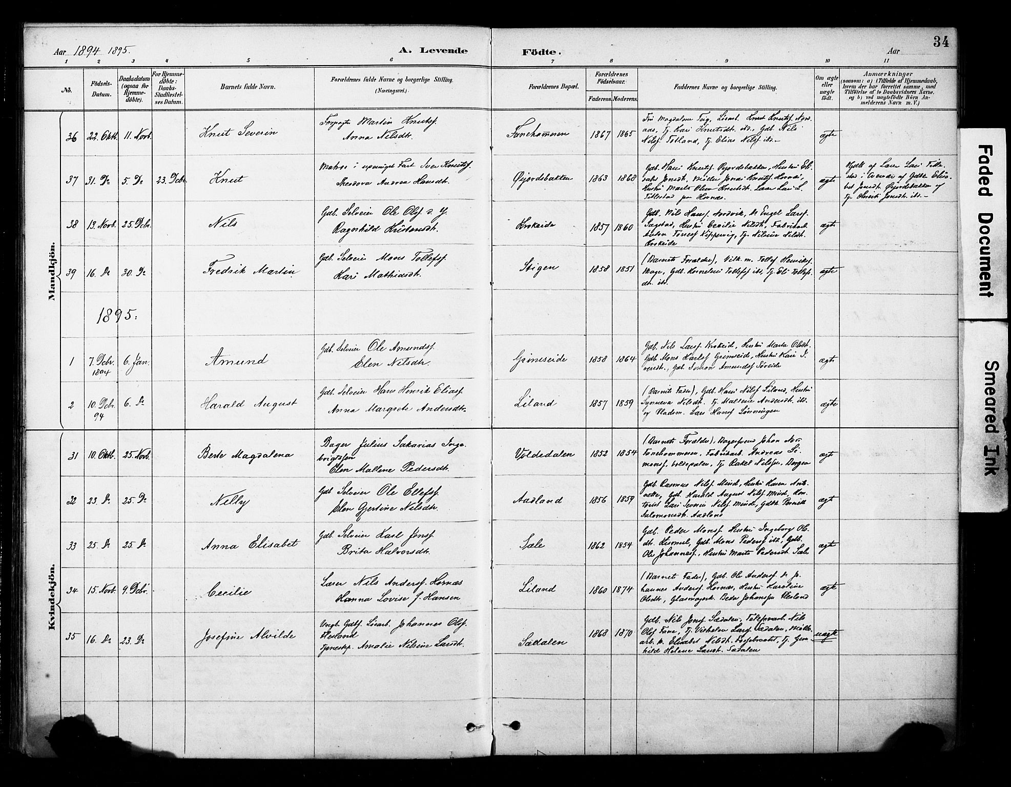 Fana Sokneprestembete, AV/SAB-A-75101/H/Haa/Haab/L0002: Parish register (official) no. B 2, 1890-1897, p. 34