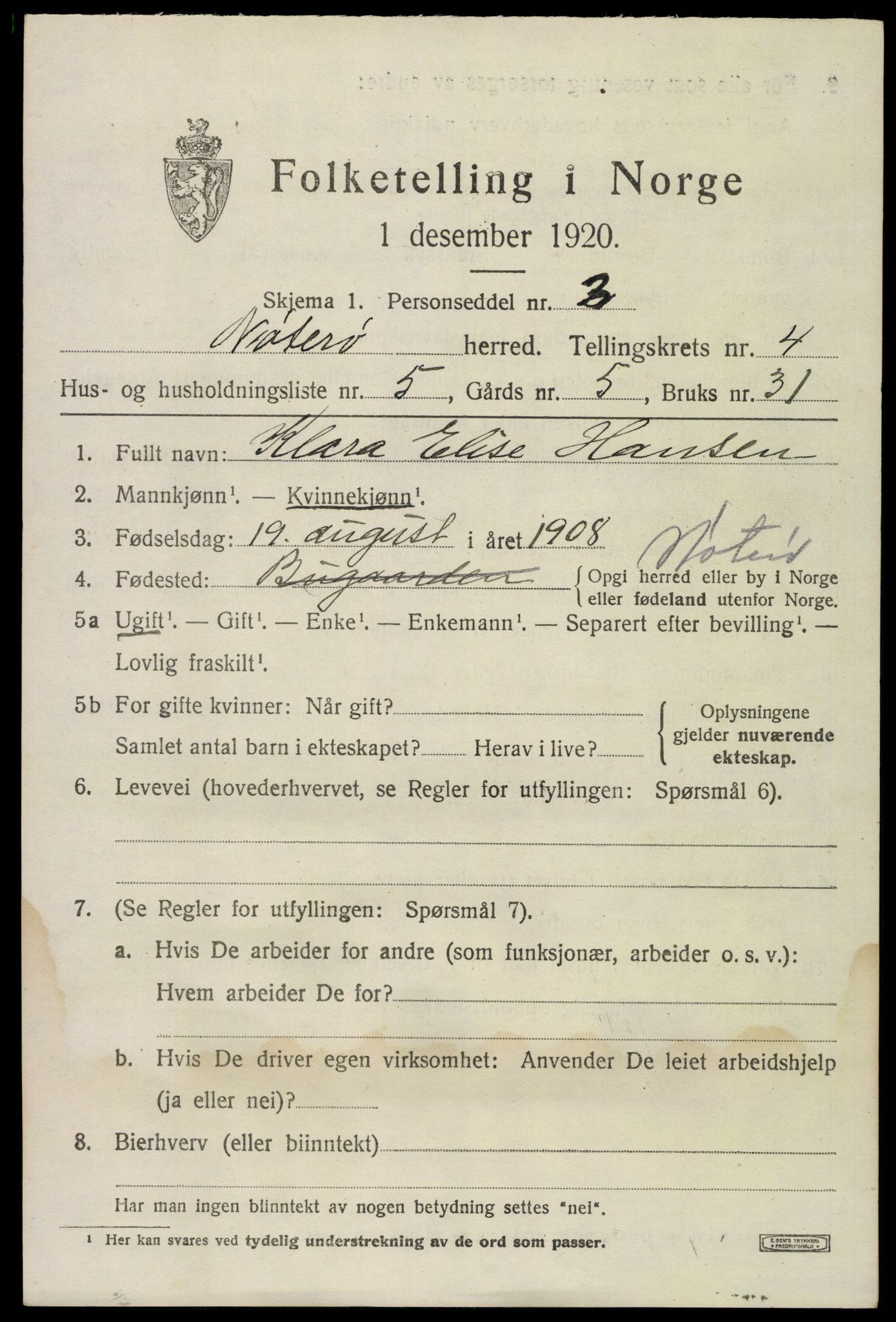 SAKO, 1920 census for Nøtterøy, 1920, p. 6713