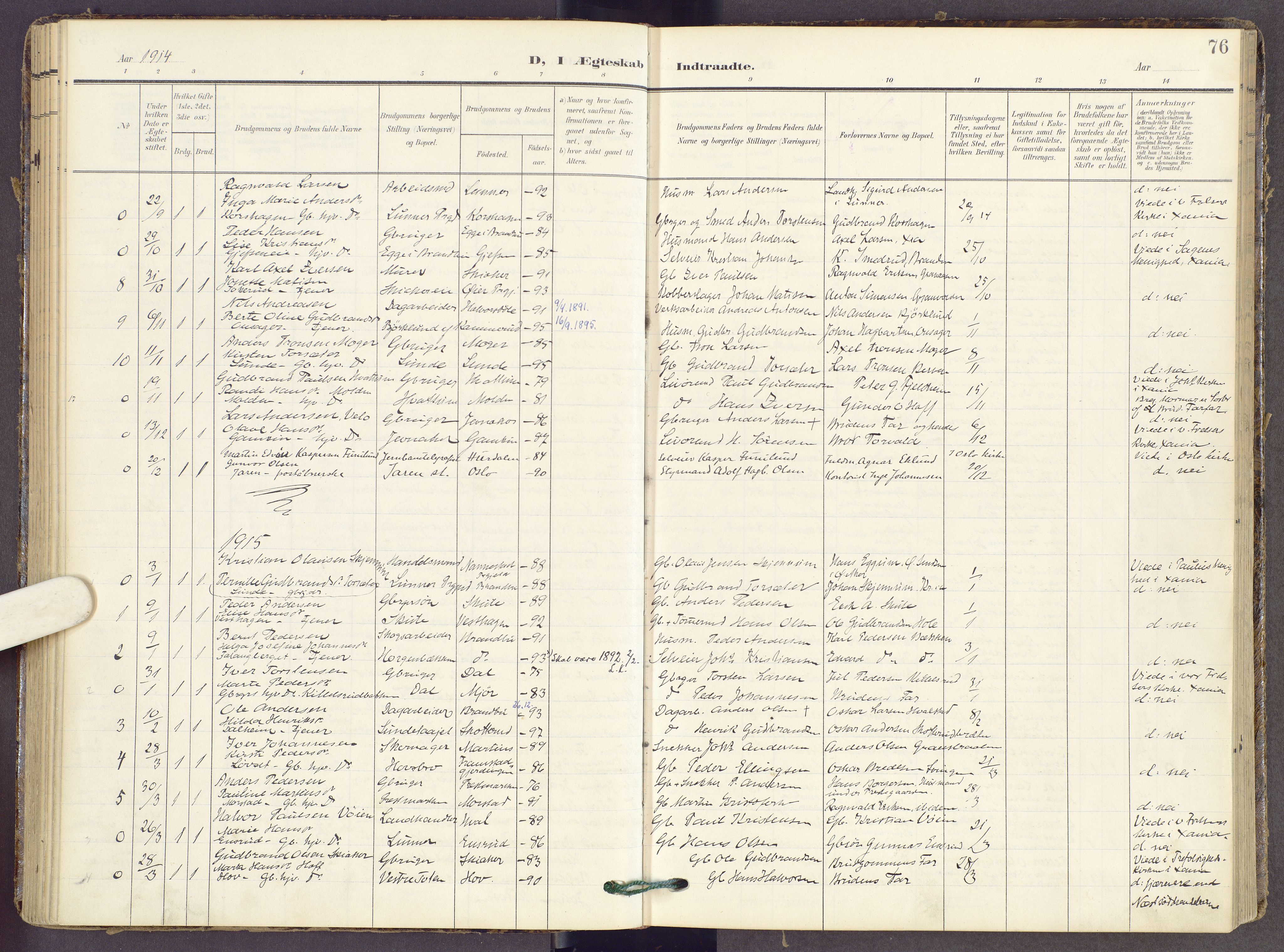 Gran prestekontor, AV/SAH-PREST-112/H/Ha/Haa/L0022: Parish register (official) no. 22, 1908-1918, p. 76