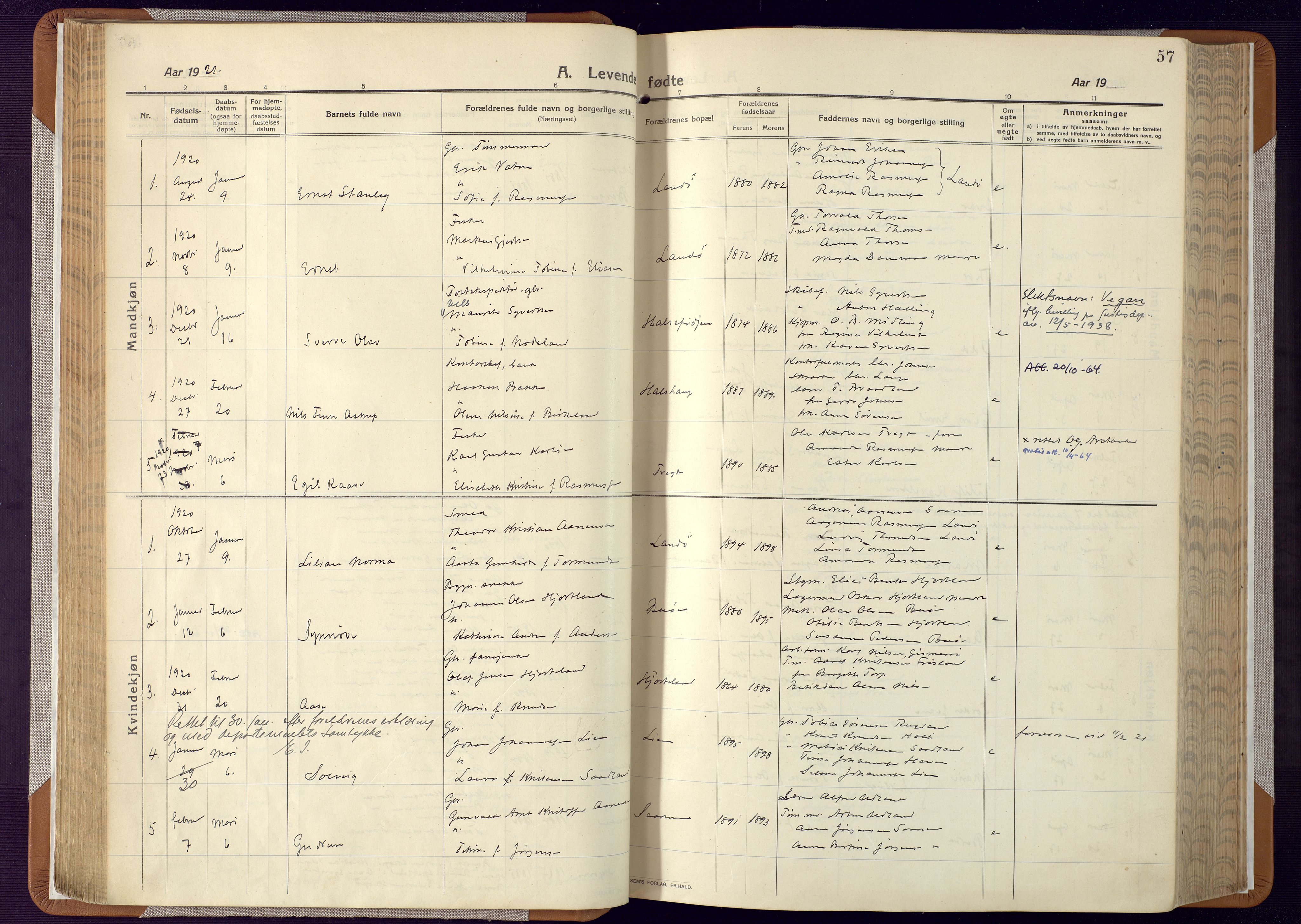 Mandal sokneprestkontor, SAK/1111-0030/F/Fa/Faa/L0022: Parish register (official) no. A 22, 1913-1925, p. 57