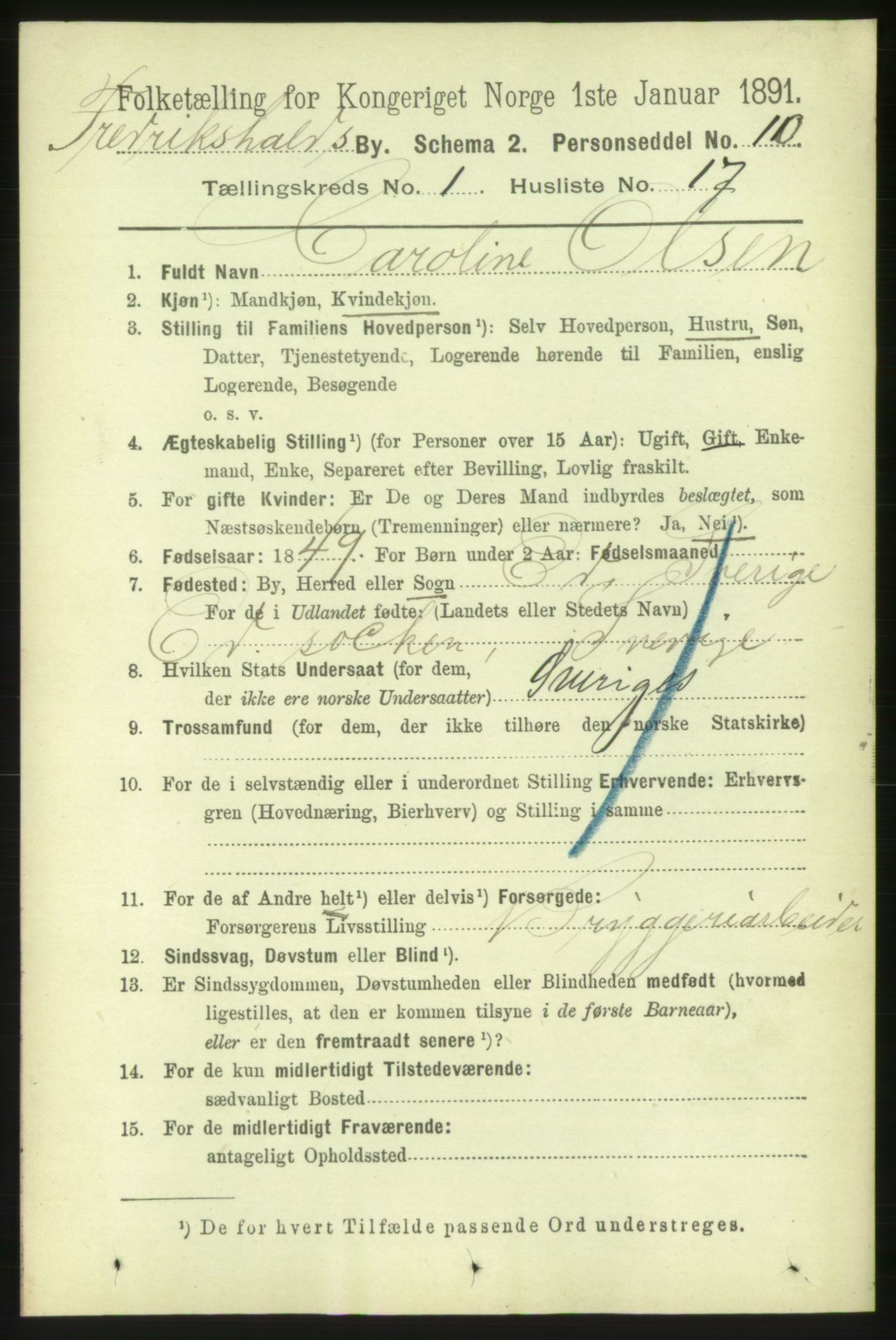 RA, 1891 census for 0101 Fredrikshald, 1891, p. 2073