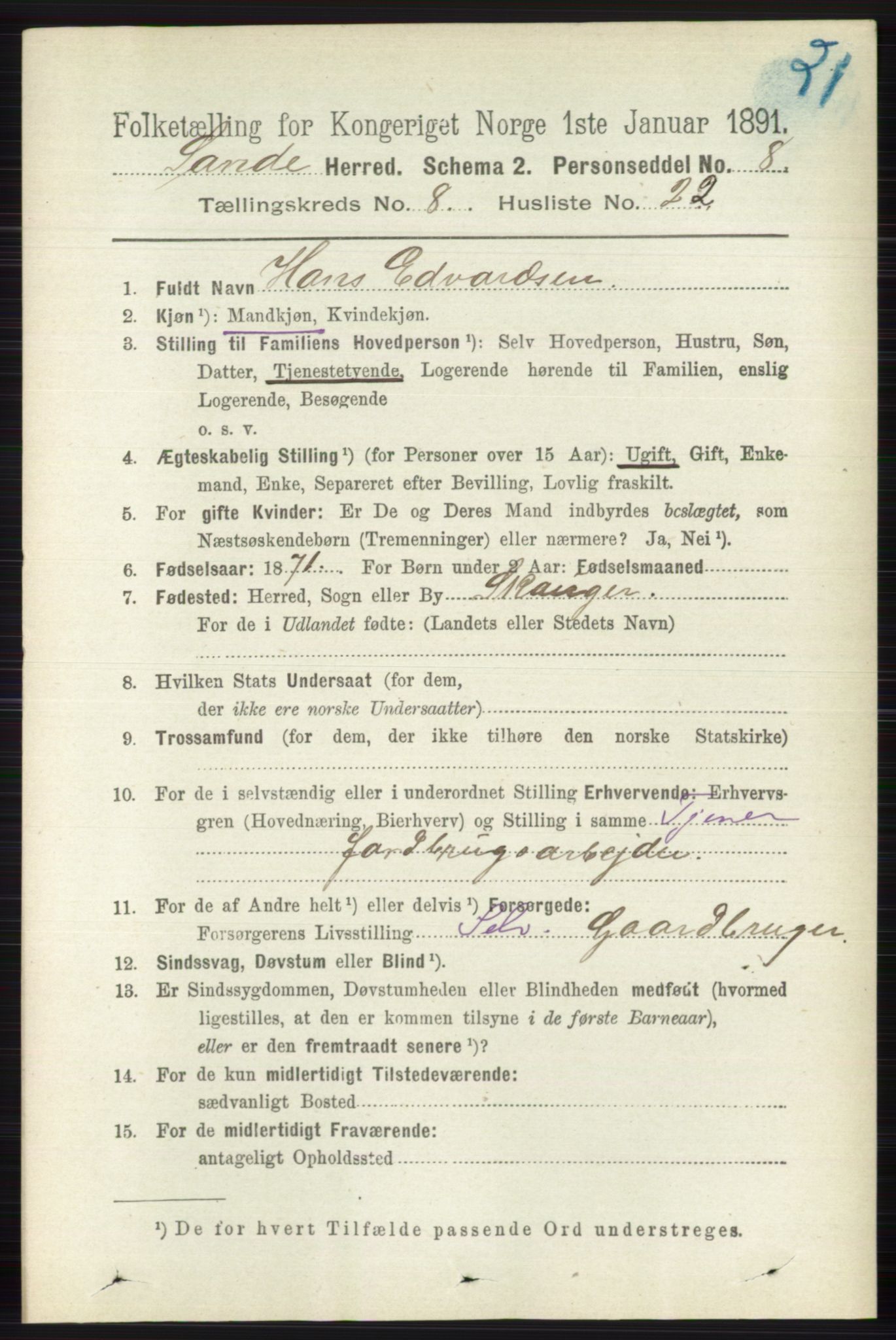 RA, 1891 census for 0713 Sande, 1891, p. 3663