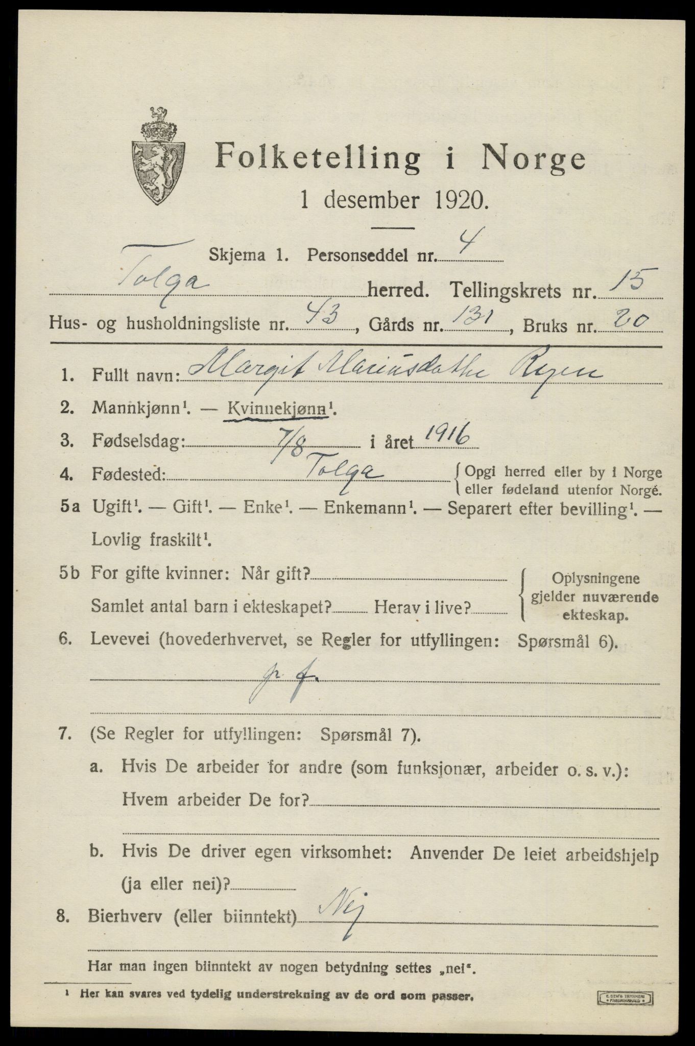 SAH, 1920 census for Tolga, 1920, p. 7373