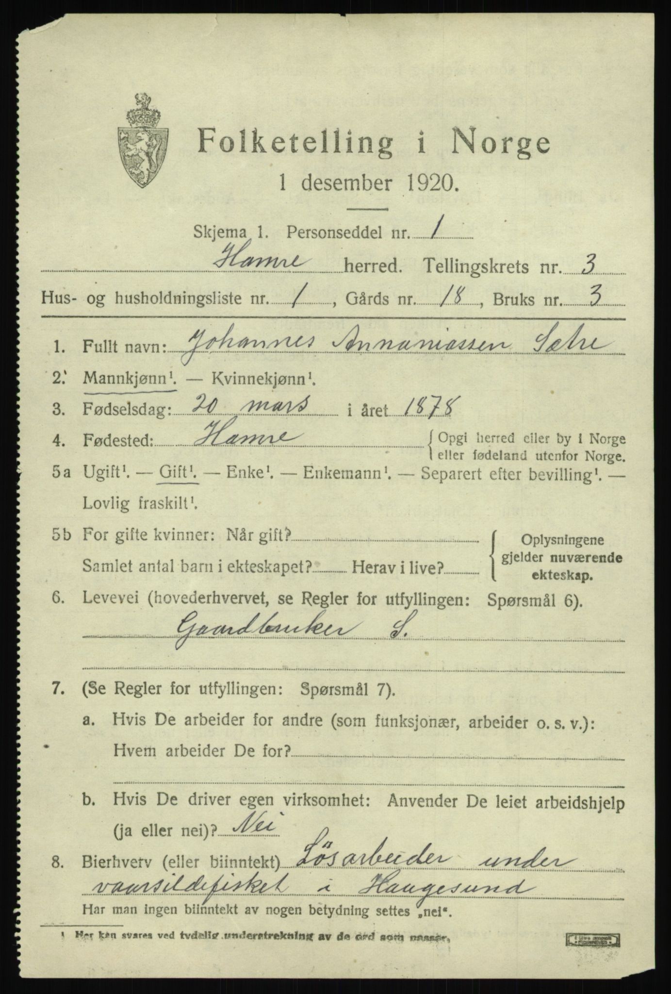 SAB, 1920 census for Hamre, 1920, p. 1695