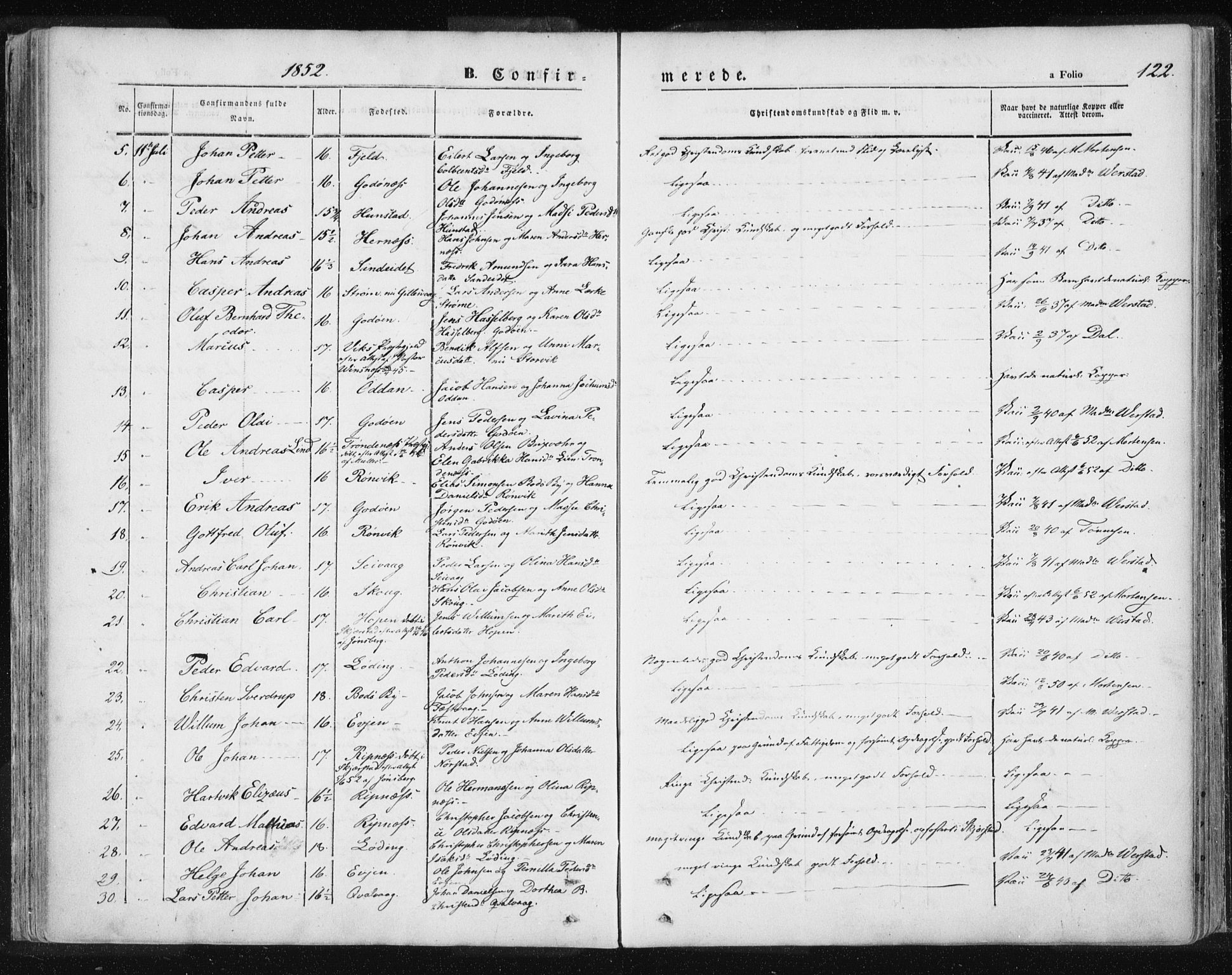 Ministerialprotokoller, klokkerbøker og fødselsregistre - Nordland, SAT/A-1459/801/L0007: Parish register (official) no. 801A07, 1845-1863, p. 122