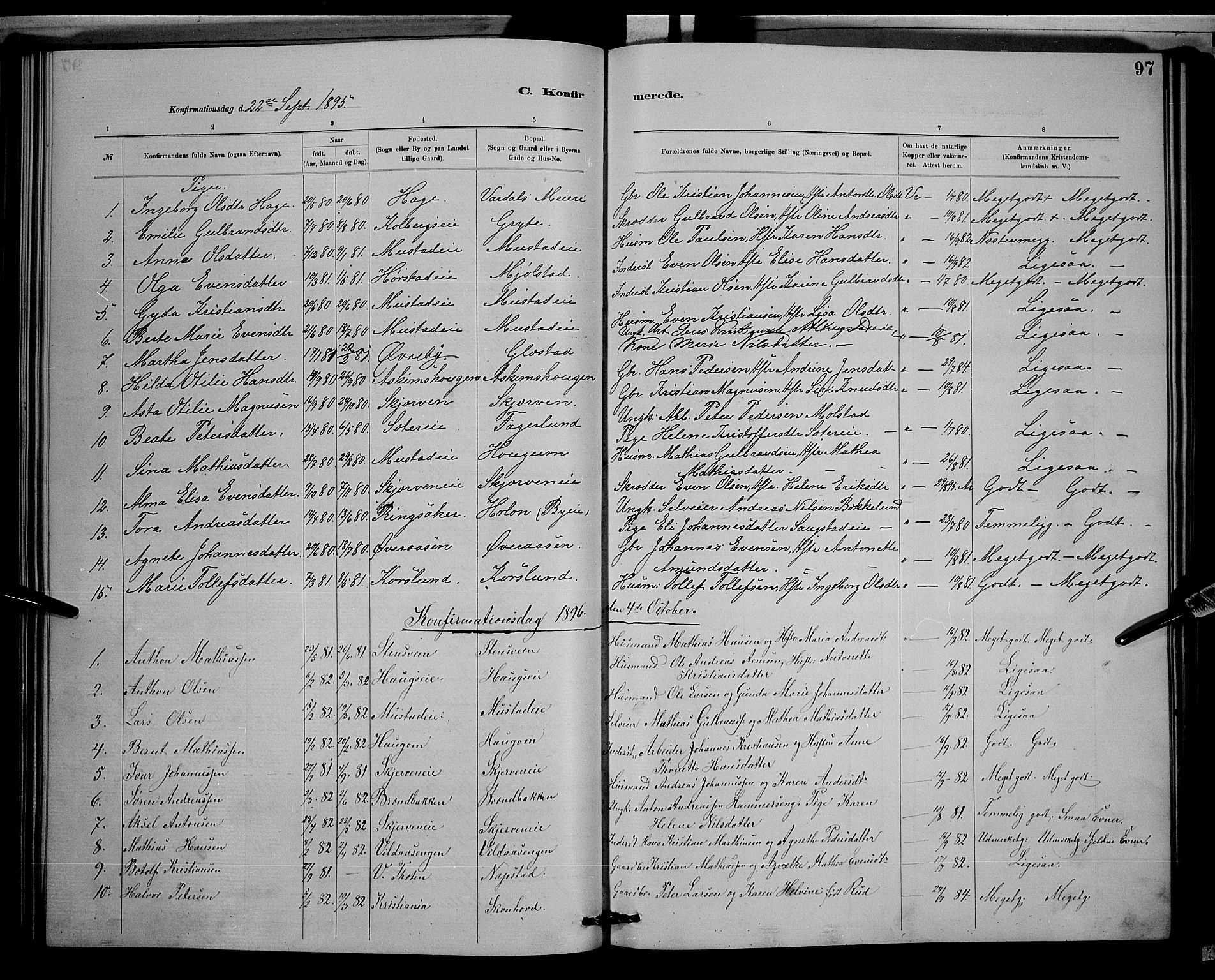 Vardal prestekontor, AV/SAH-PREST-100/H/Ha/Hab/L0008: Parish register (copy) no. 8, 1881-1898, p. 97
