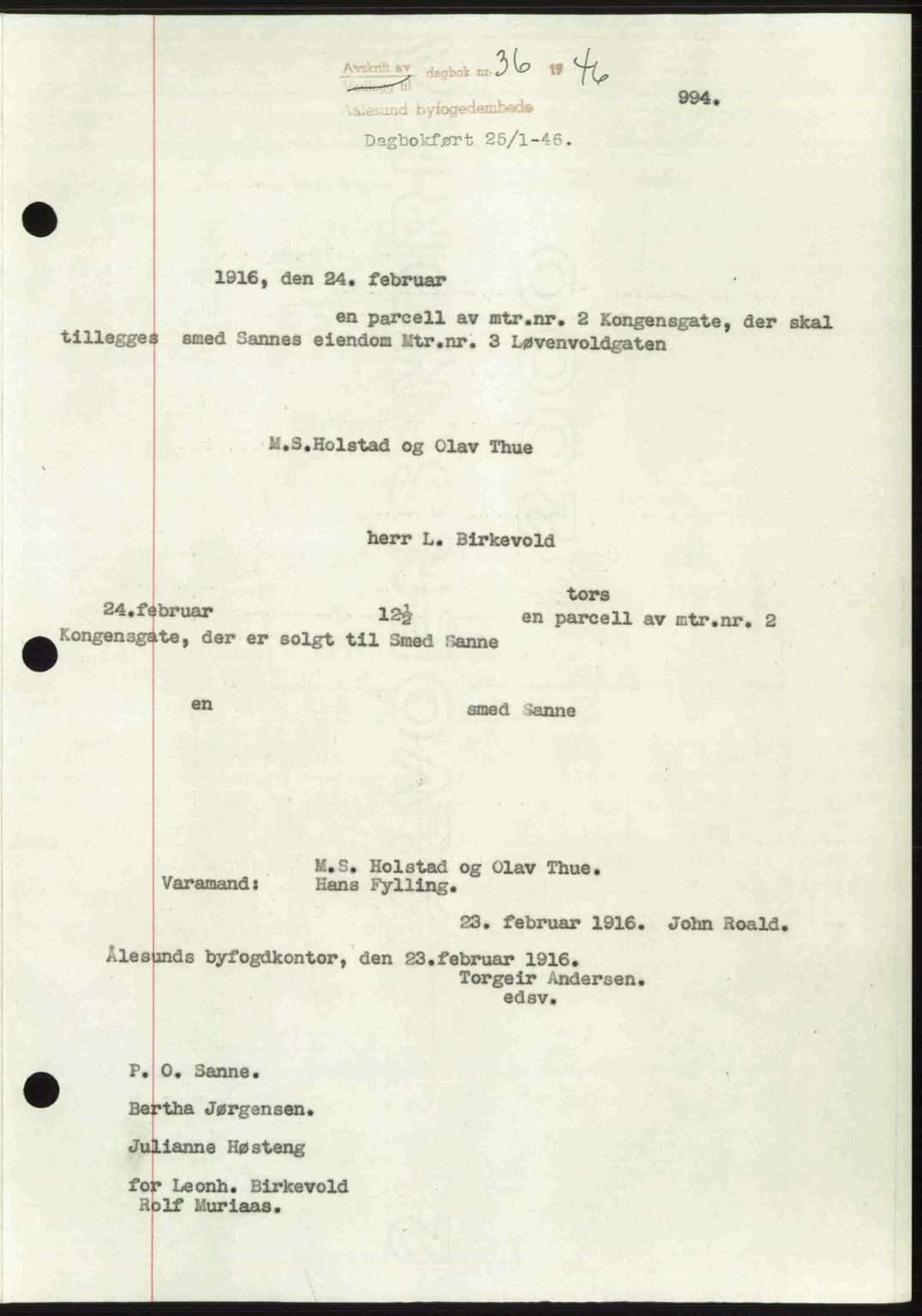 Ålesund byfogd, AV/SAT-A-4384: Mortgage book no. 36b, 1946-1947, Diary no: : 36/1946