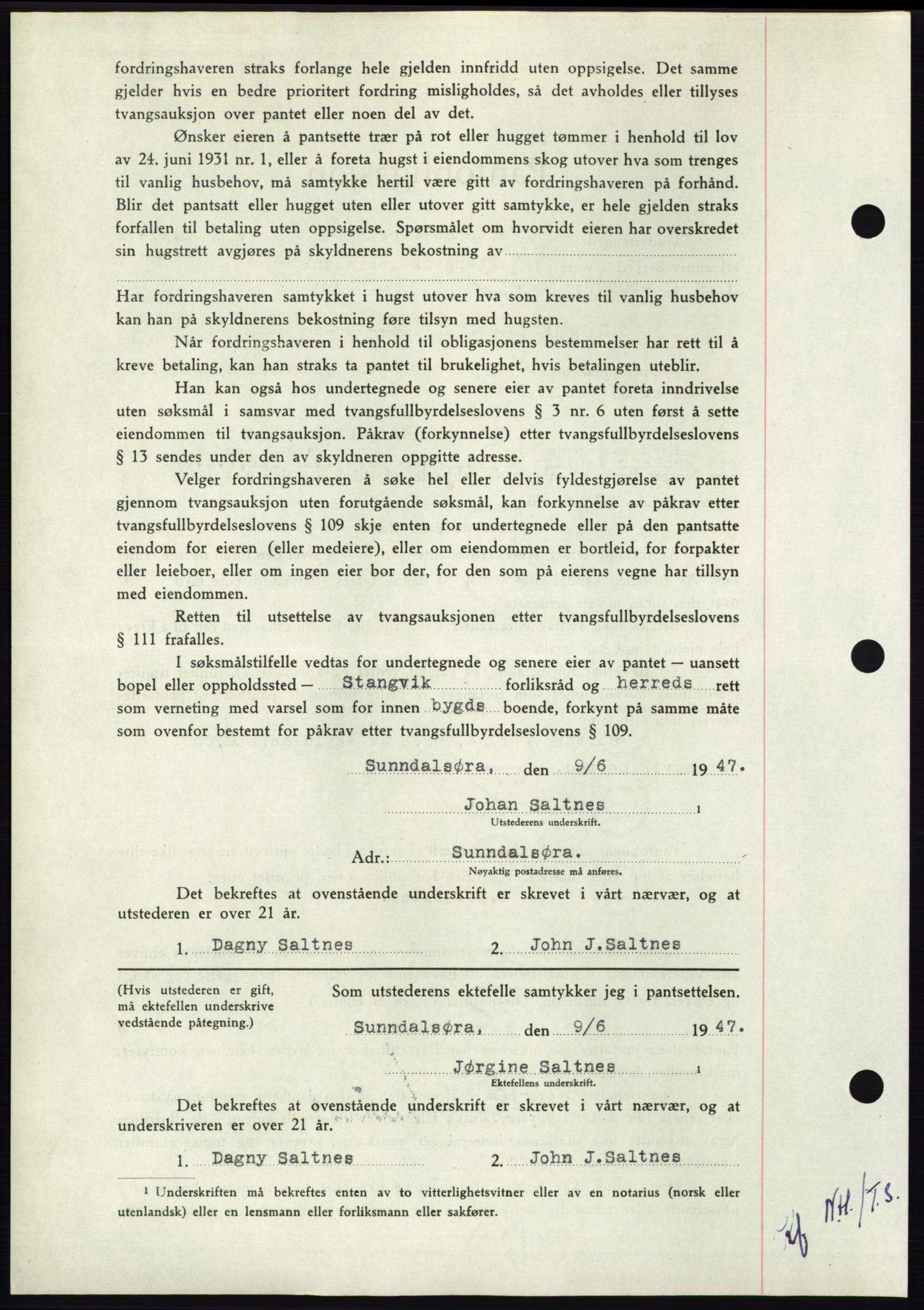 Nordmøre sorenskriveri, AV/SAT-A-4132/1/2/2Ca: Mortgage book no. B96, 1947-1947, Diary no: : 1327/1947