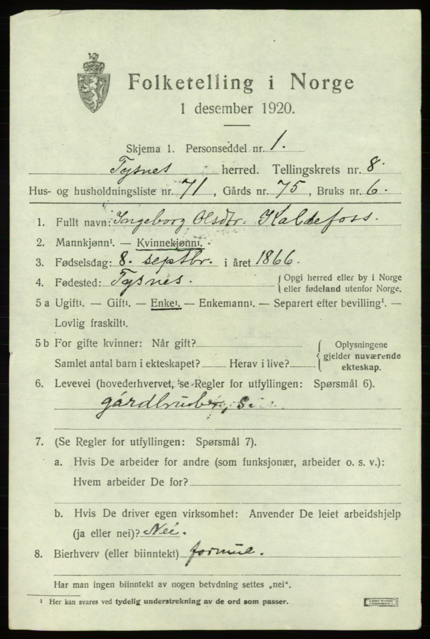 SAB, 1920 census for Tysnes, 1920, p. 6164