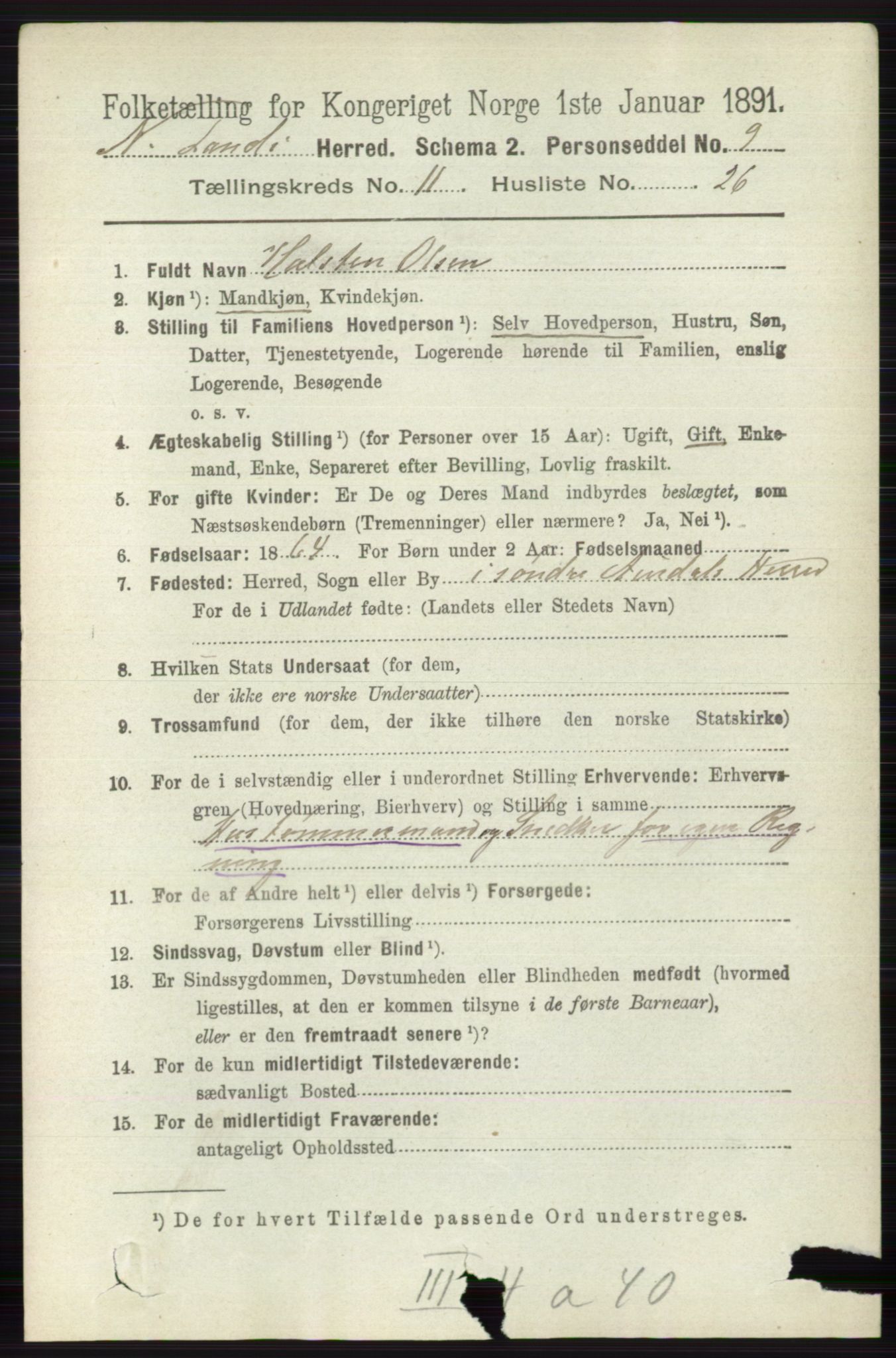 RA, 1891 census for 0538 Nordre Land, 1891, p. 3174