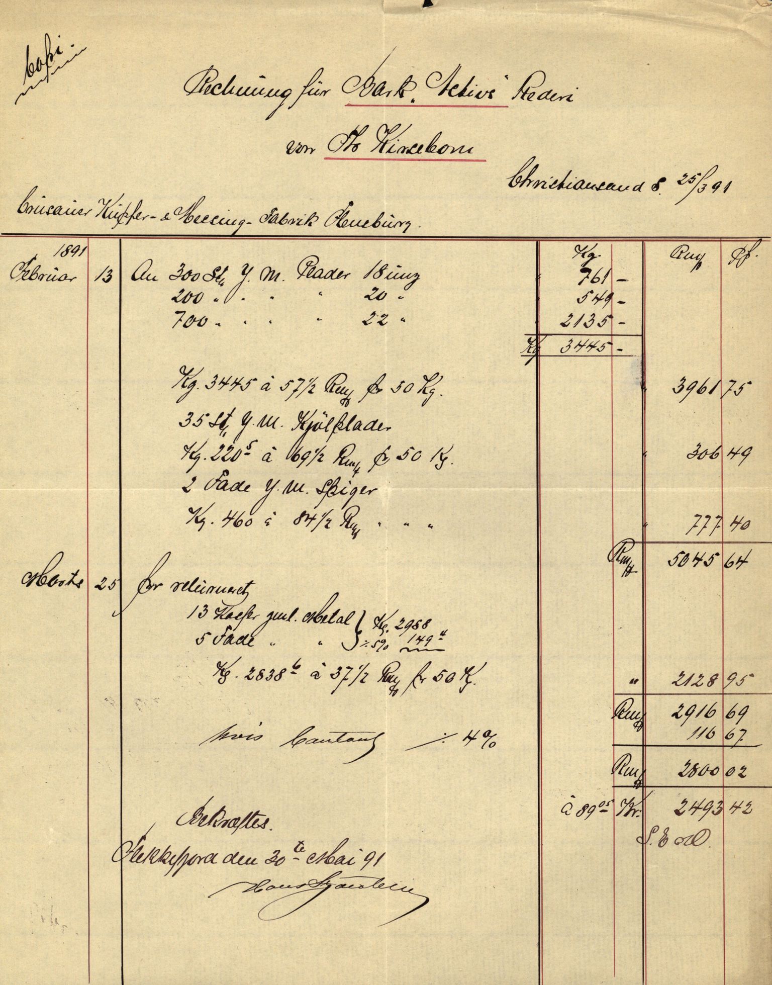 Pa 63 - Østlandske skibsassuranceforening, VEMU/A-1079/G/Ga/L0027/0001: Havaridokumenter / Magnolia, Kong Carl, Louise, Lindsay, Activ av Flekkefjord, 1891, p. 61
