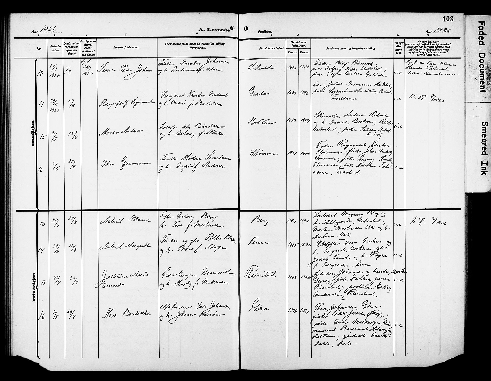 Kvæfjord sokneprestkontor, AV/SATØ-S-1323/G/Ga/Gab/L0006klokker: Parish register (copy) no. 6, 1912-1931, p. 103