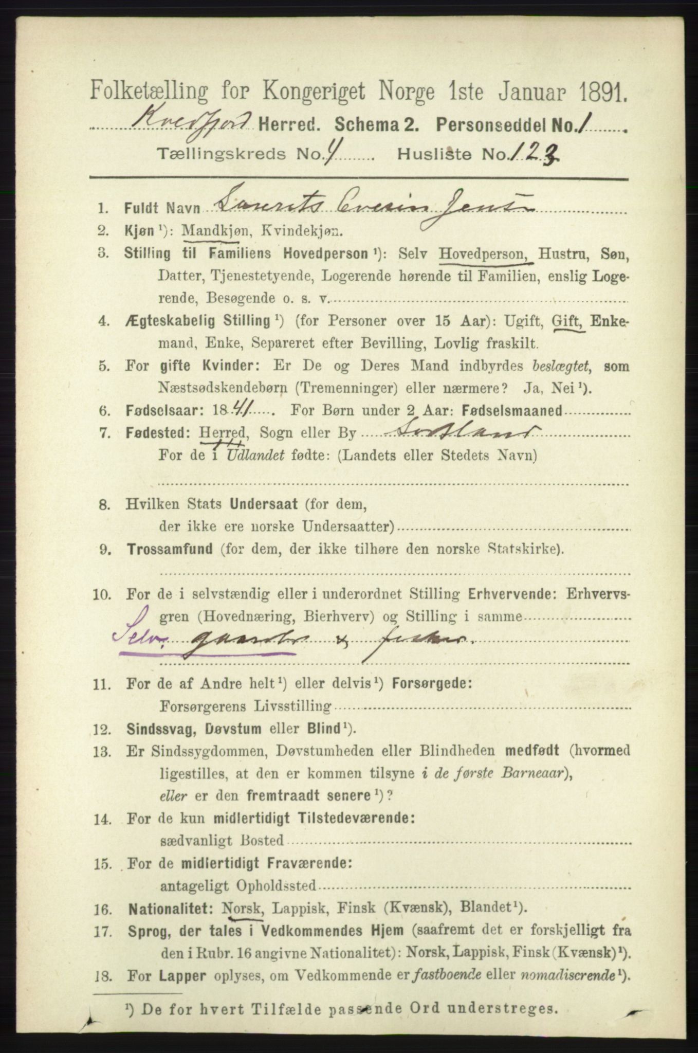 RA, 1891 census for 1911 Kvæfjord, 1891, p. 2669