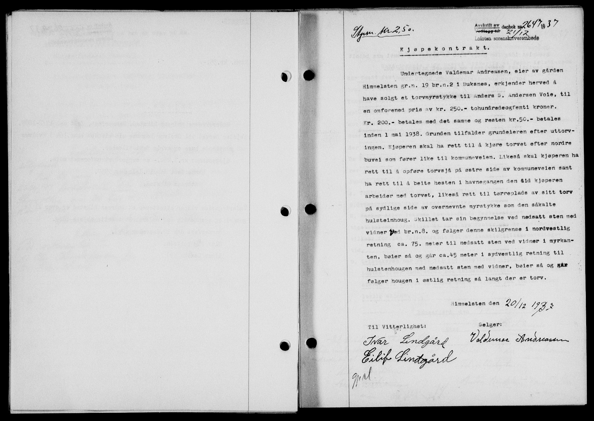 Lofoten sorenskriveri, SAT/A-0017/1/2/2C/L0003a: Mortgage book no. 3a, 1937-1938, Diary no: : 2647/1937