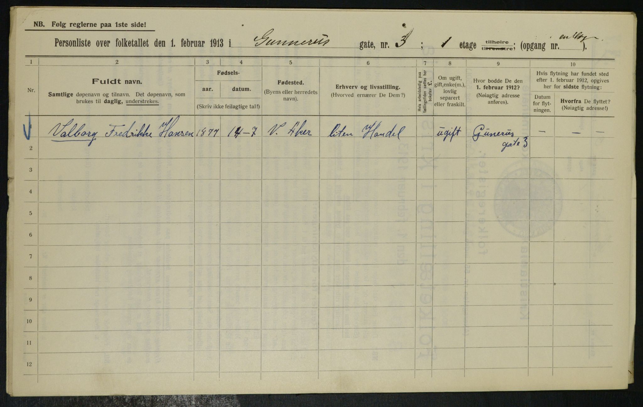 OBA, Municipal Census 1913 for Kristiania, 1913, p. 5064