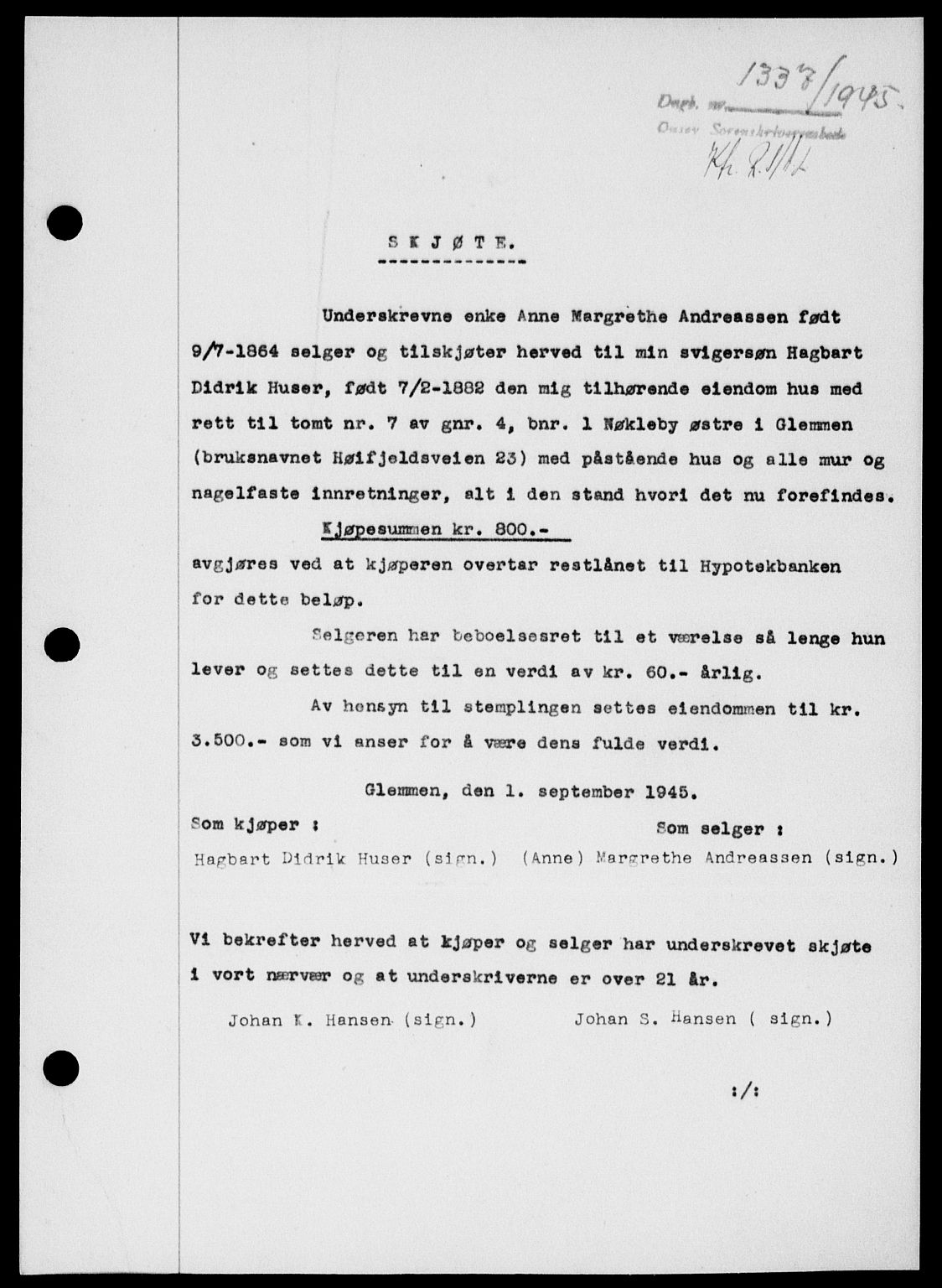 Onsøy sorenskriveri, SAO/A-10474/G/Ga/Gab/L0015: Mortgage book no. II A-15, 1945-1946, Diary no: : 1337/1945