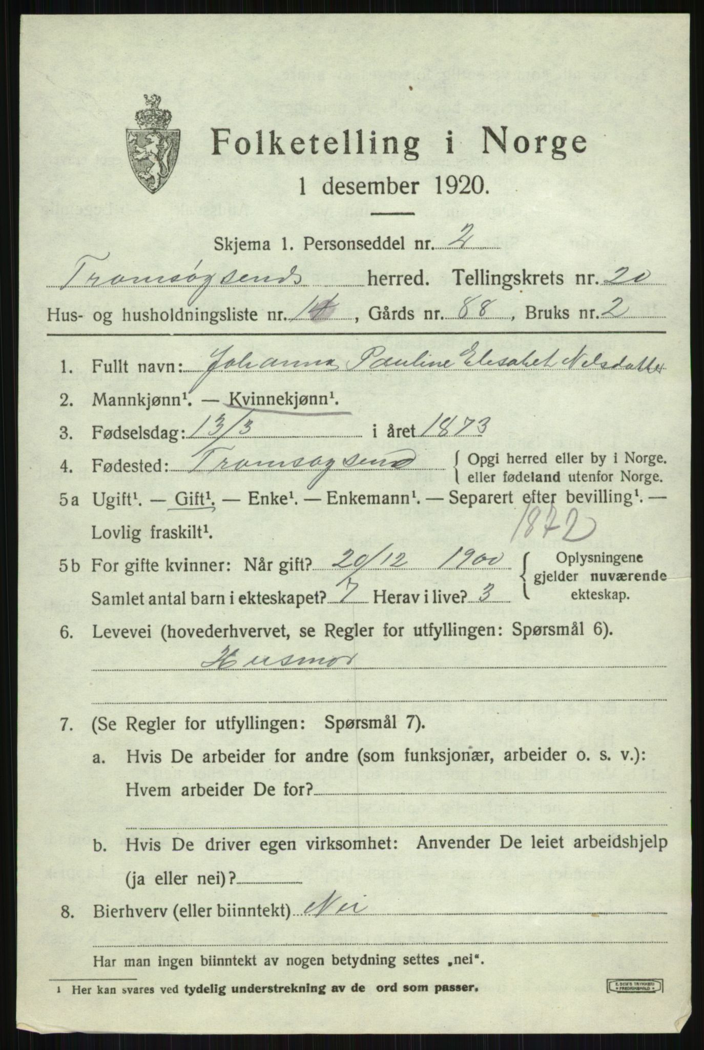 SATØ, 1920 census for Tromsøysund, 1920, p. 10698
