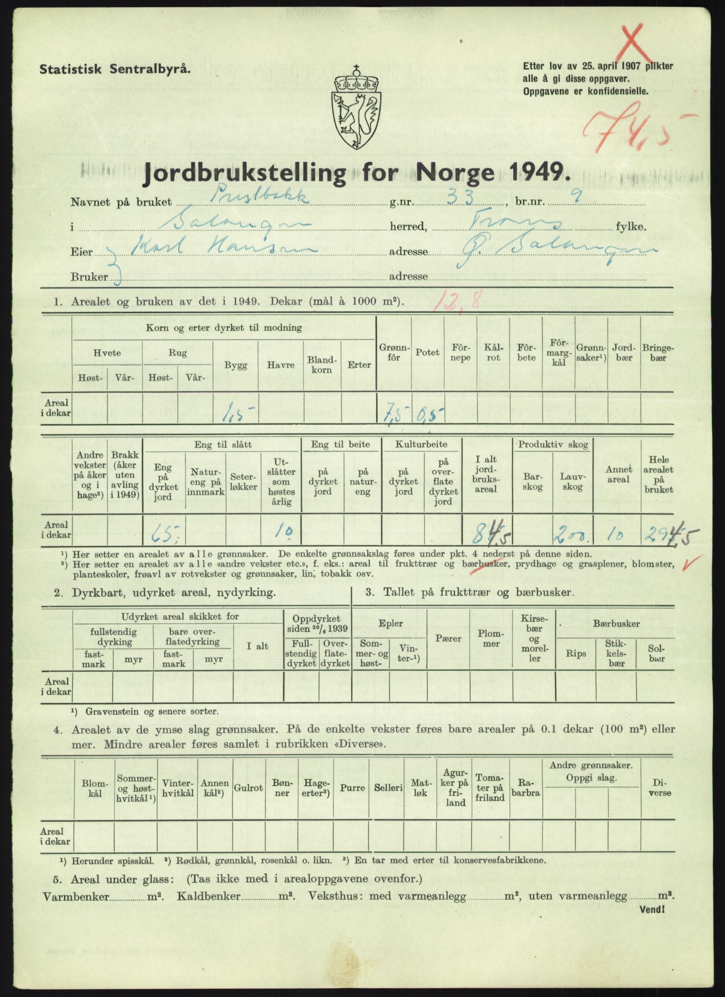 Statistisk sentralbyrå, Næringsøkonomiske emner, Jordbruk, skogbruk, jakt, fiske og fangst, AV/RA-S-2234/G/Gc/L0438: Troms: Salangen og Bardu, 1949, p. 891