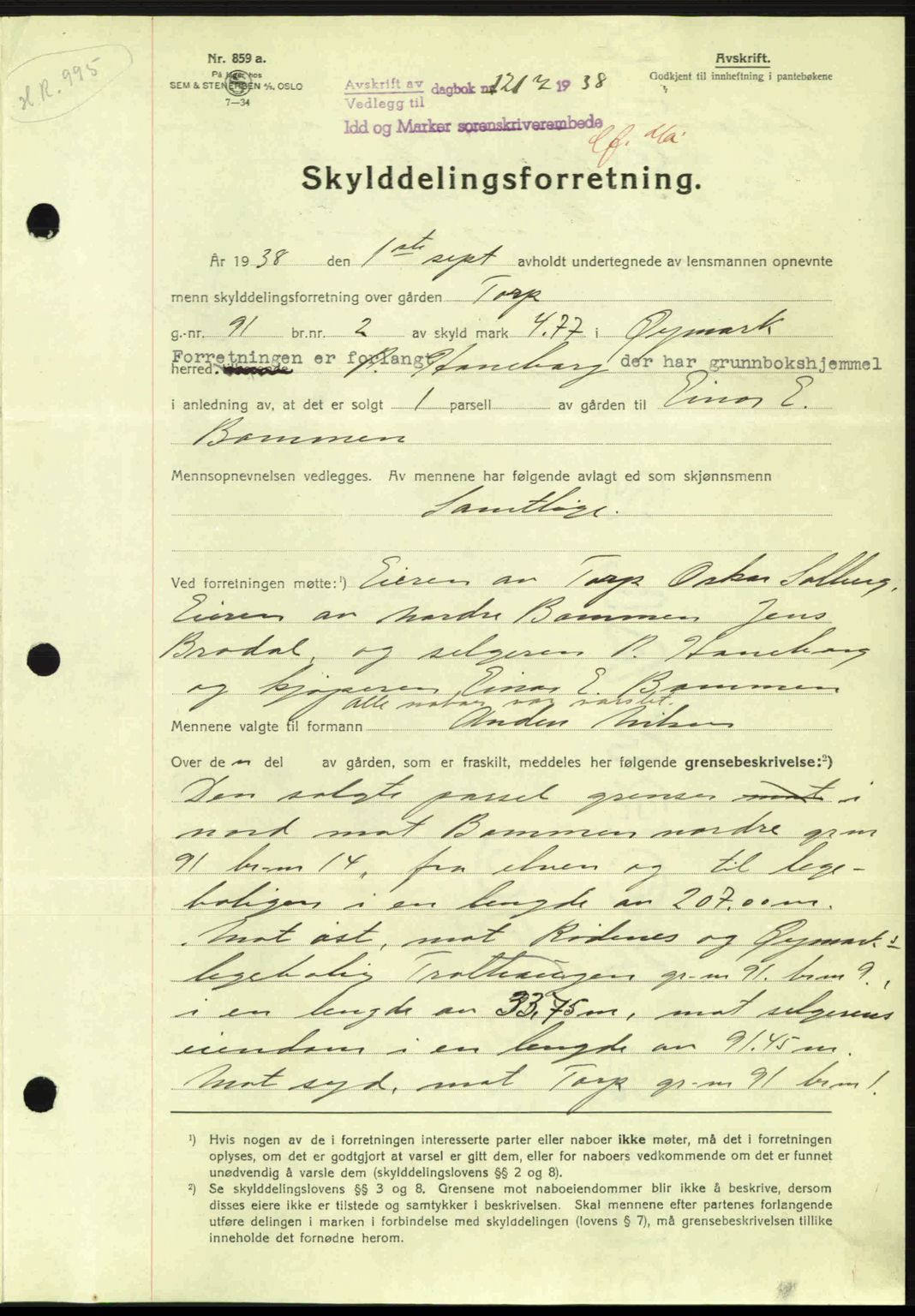 Idd og Marker sorenskriveri, AV/SAO-A-10283/G/Gb/Gbb/L0002: Mortgage book no. A2, 1937-1938, Diary no: : 1217/1938