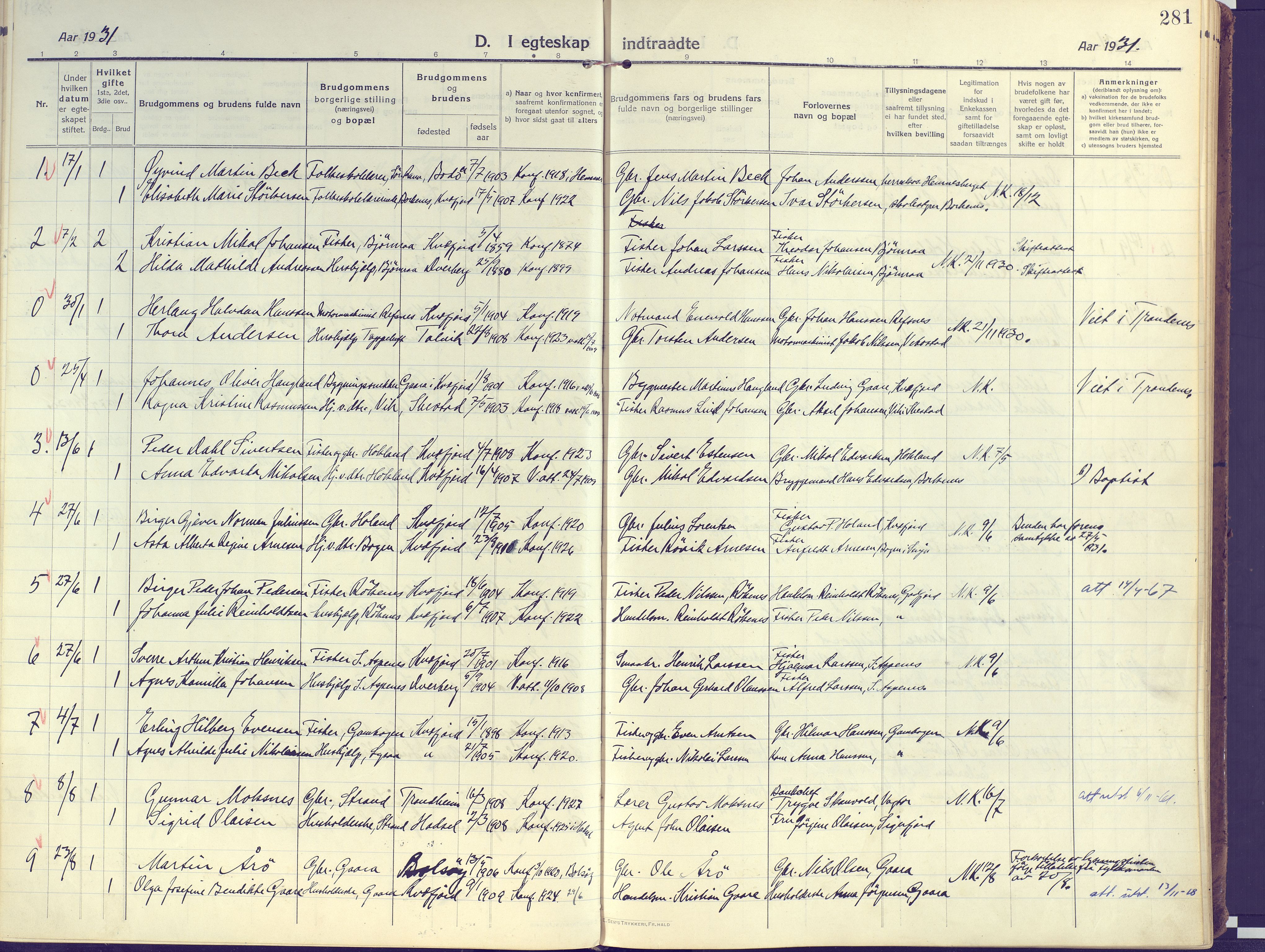 Kvæfjord sokneprestkontor, SATØ/S-1323/G/Ga/Gaa/L0007kirke: Parish register (official) no. 7, 1915-1931, p. 281